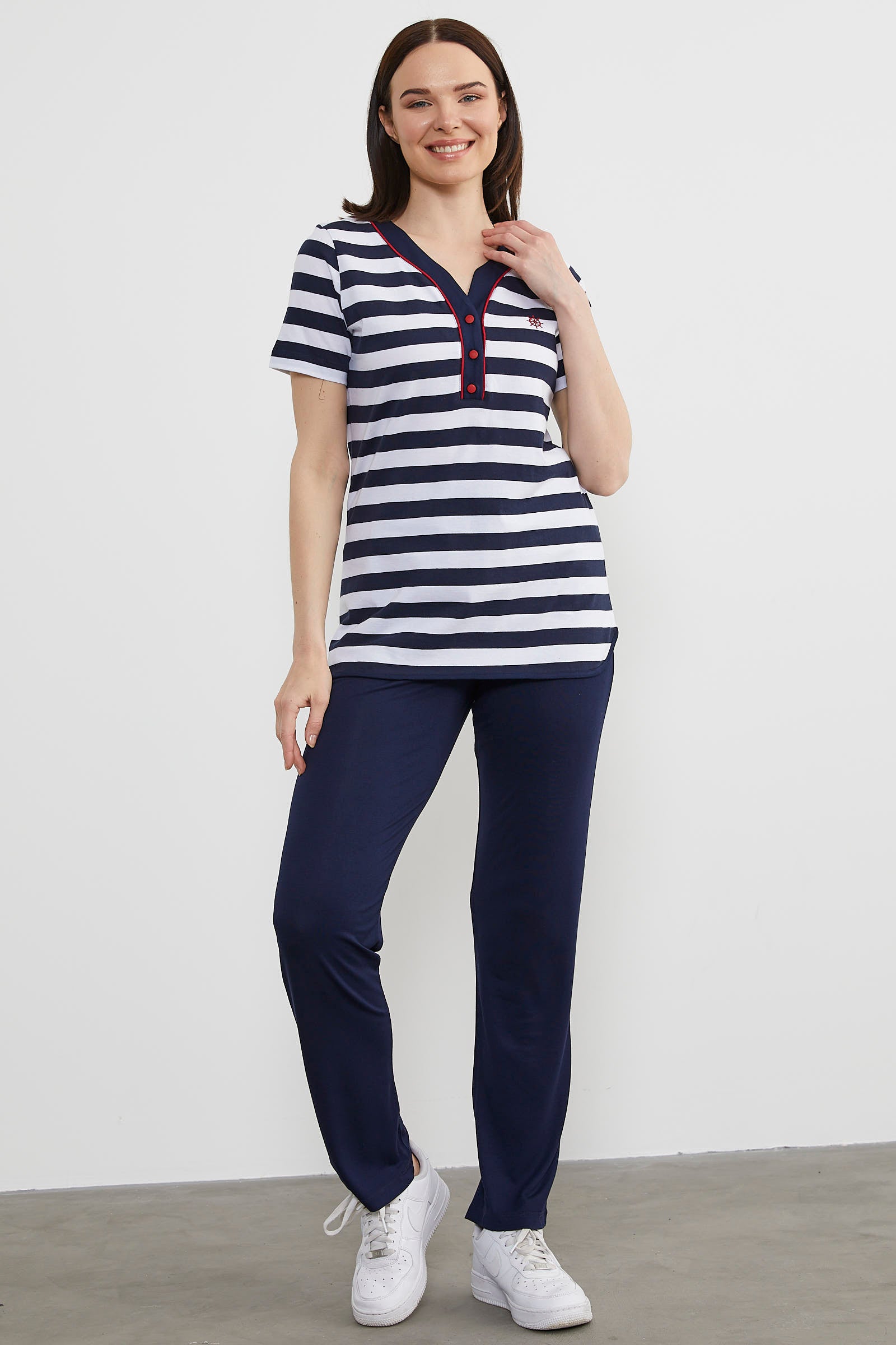 Çizgili Kısa Kol Patlı Yaka Takım - Lacivert (4) Sementa