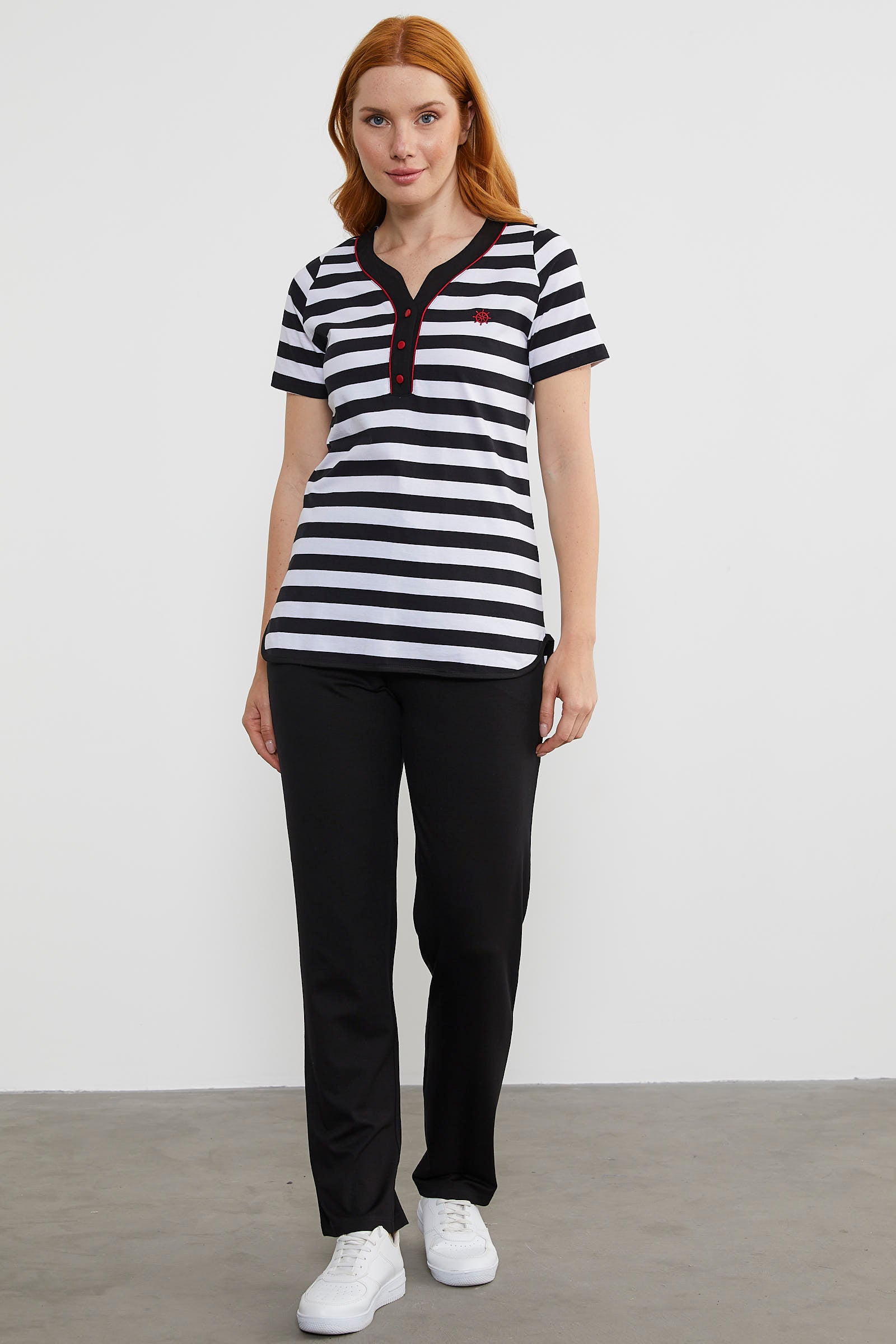 Çizgili Kısa Kol Patlı Yaka Takım - Siyah (1) Sementa