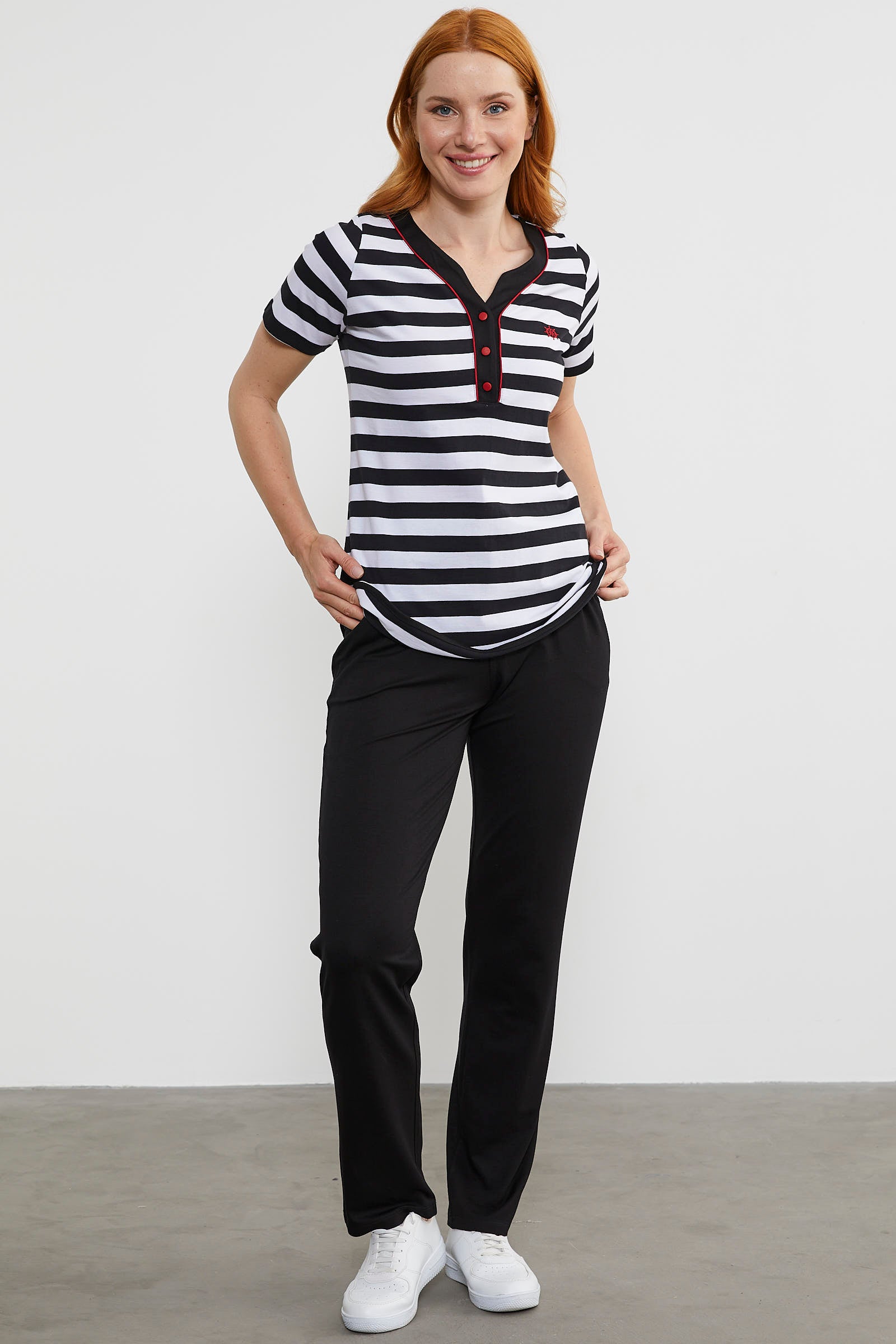 Çizgili Kısa Kol Patlı Yaka Takım - Siyah (4) Sementa