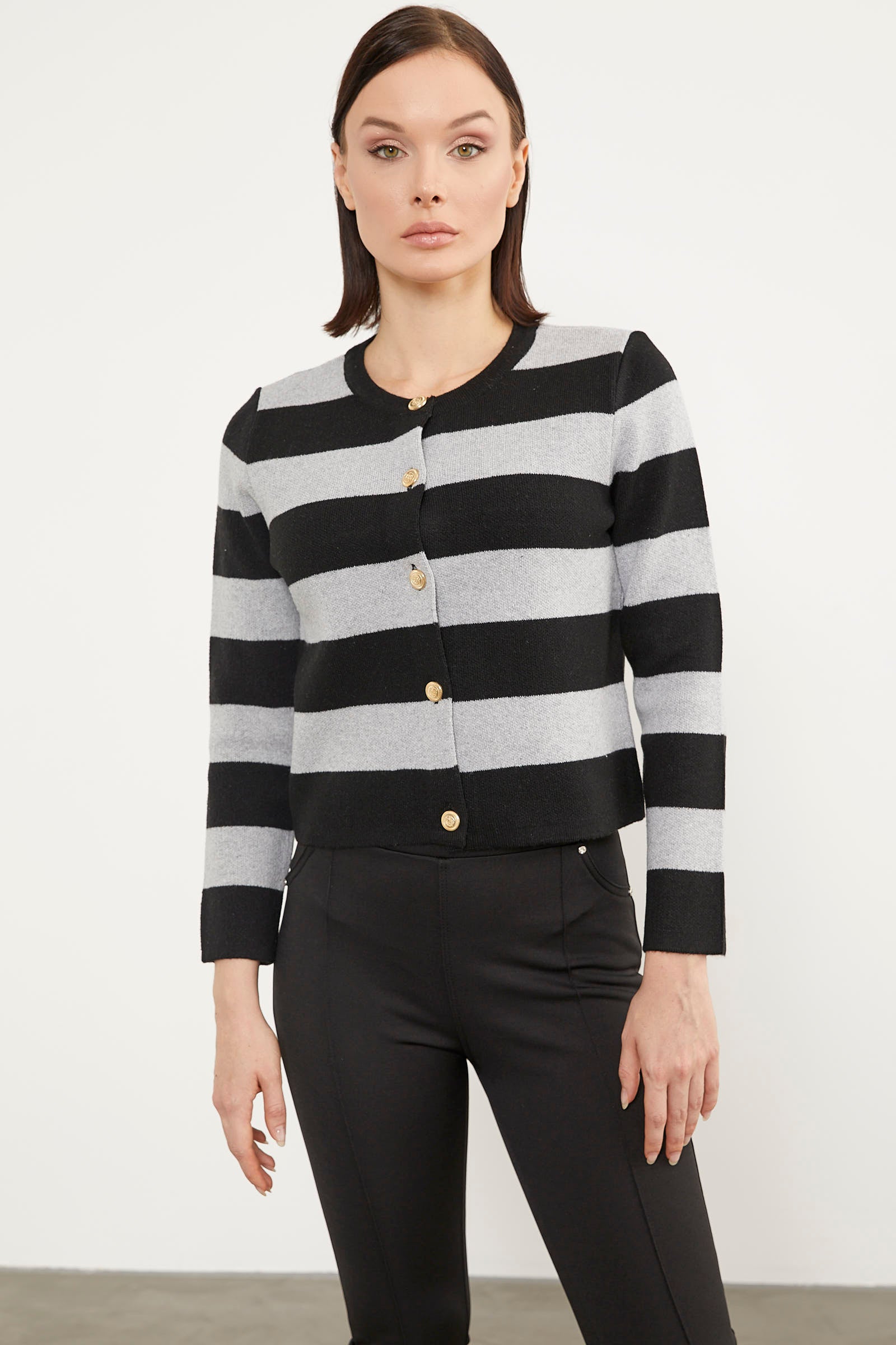 Çizgili Kısa Triko Hırka - Siyah (3) Sementa