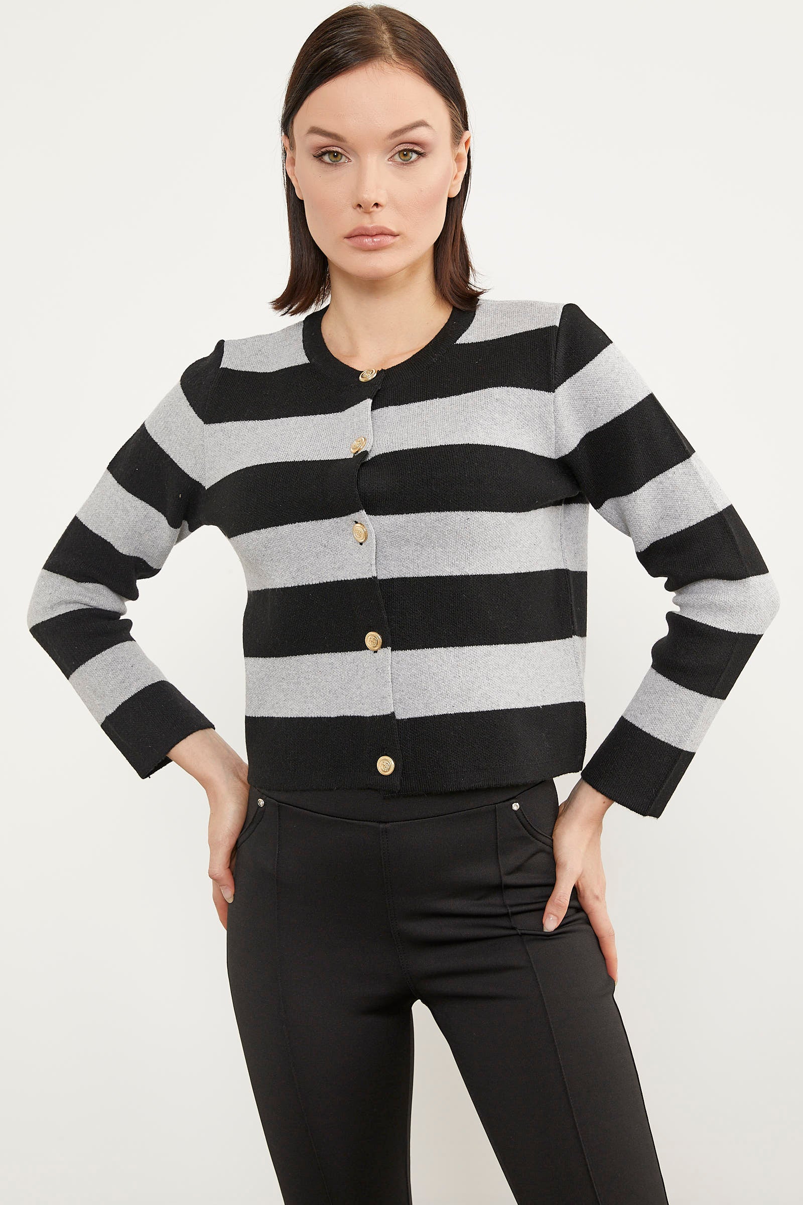 Çizgili Kısa Triko Hırka - Siyah (2) Sementa