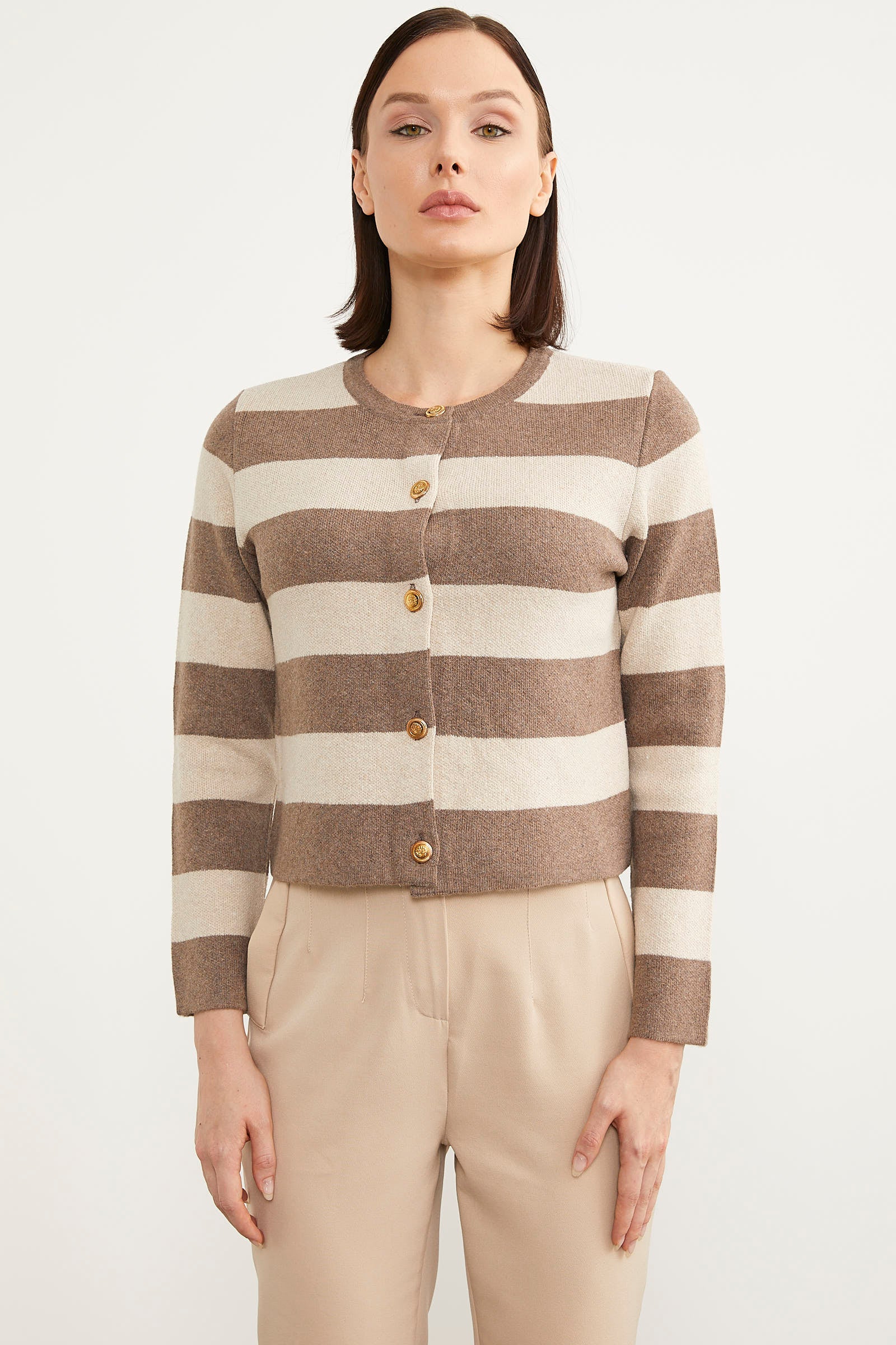 Çizgili Kısa Triko Hırka - Sütlü Kahve (3) Sementa