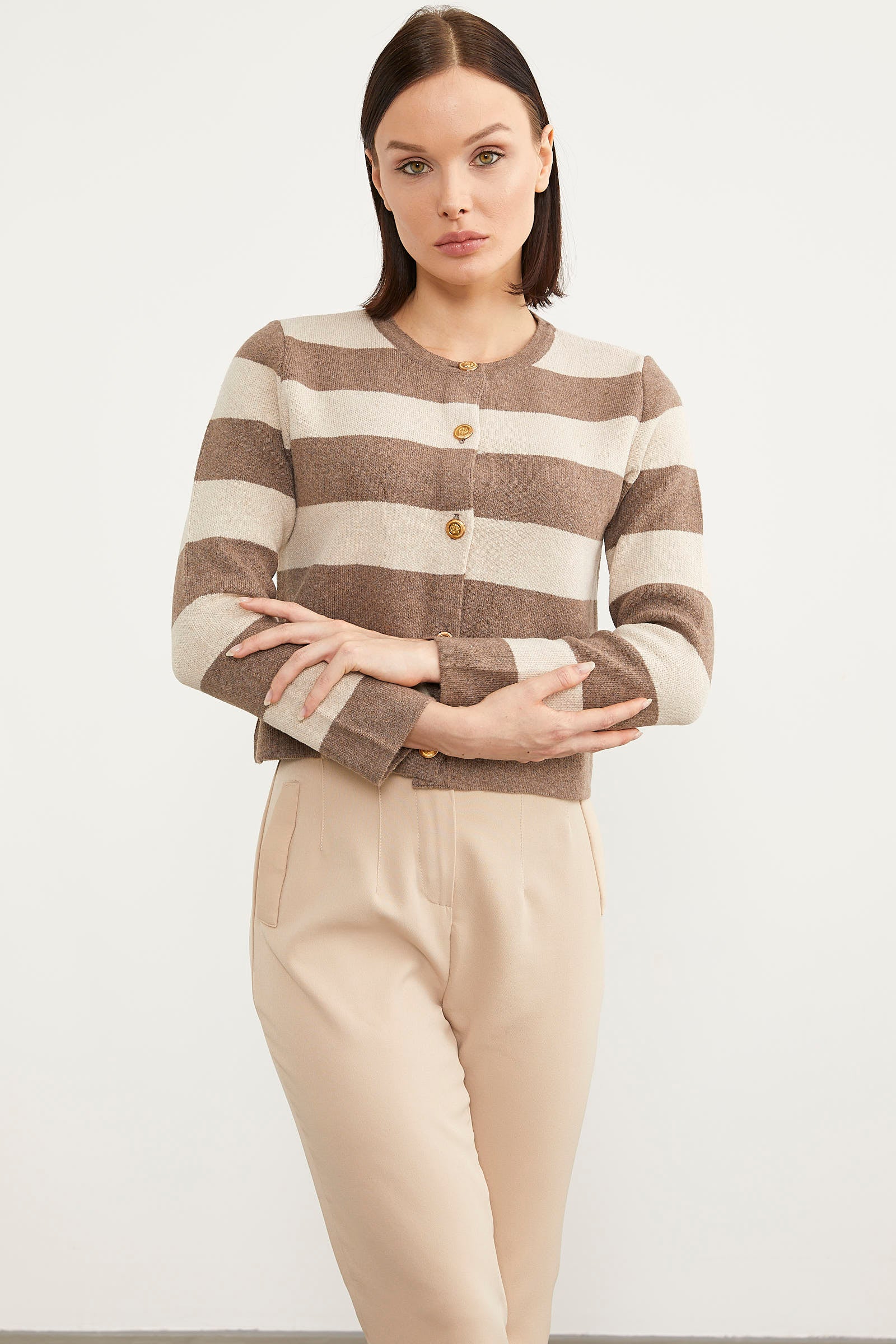 Çizgili Kısa Triko Hırka - Sütlü Kahve (2) Sementa