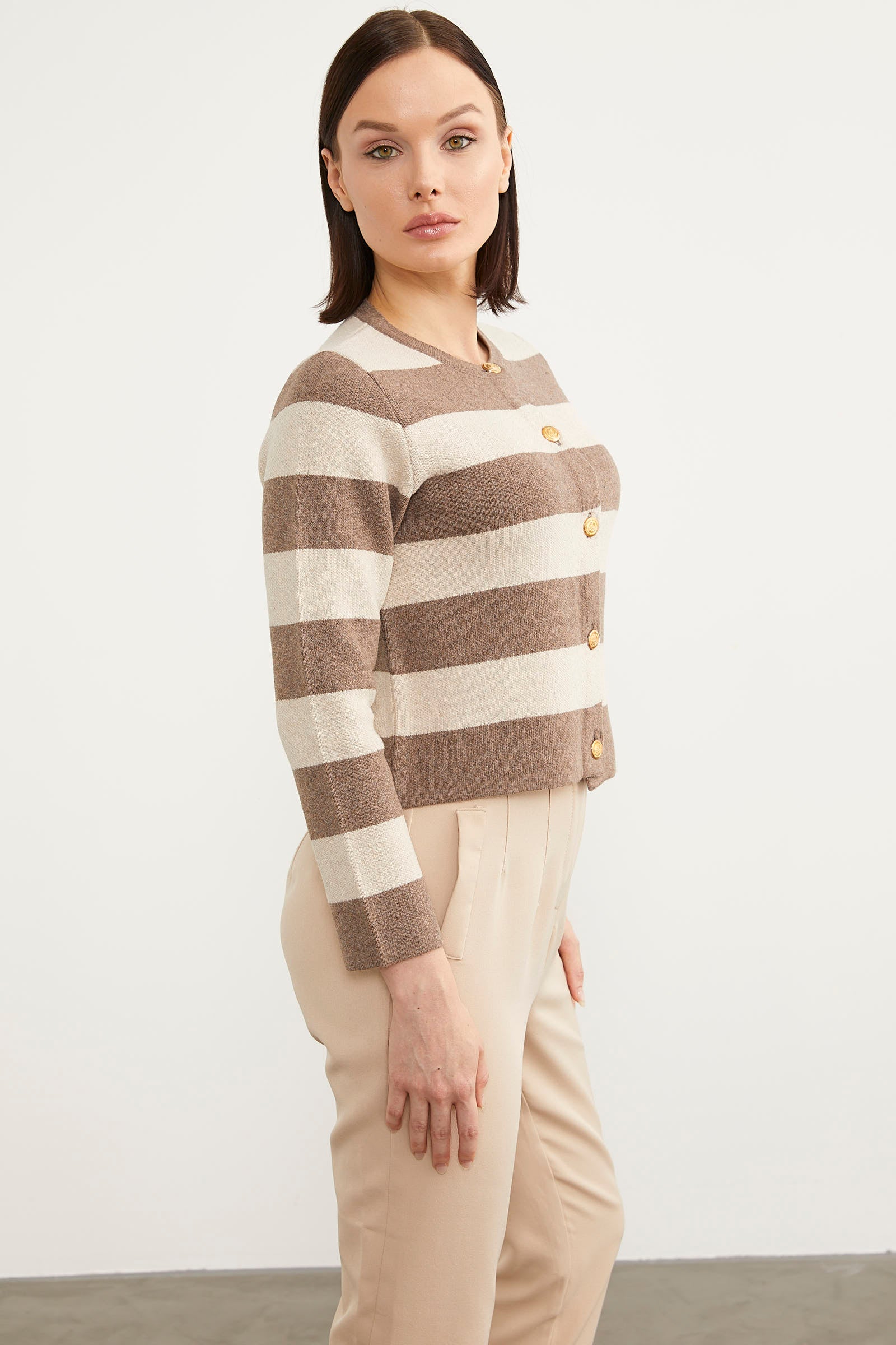 Çizgili Kısa Triko Hırka - Sütlü Kahve (5) Sementa