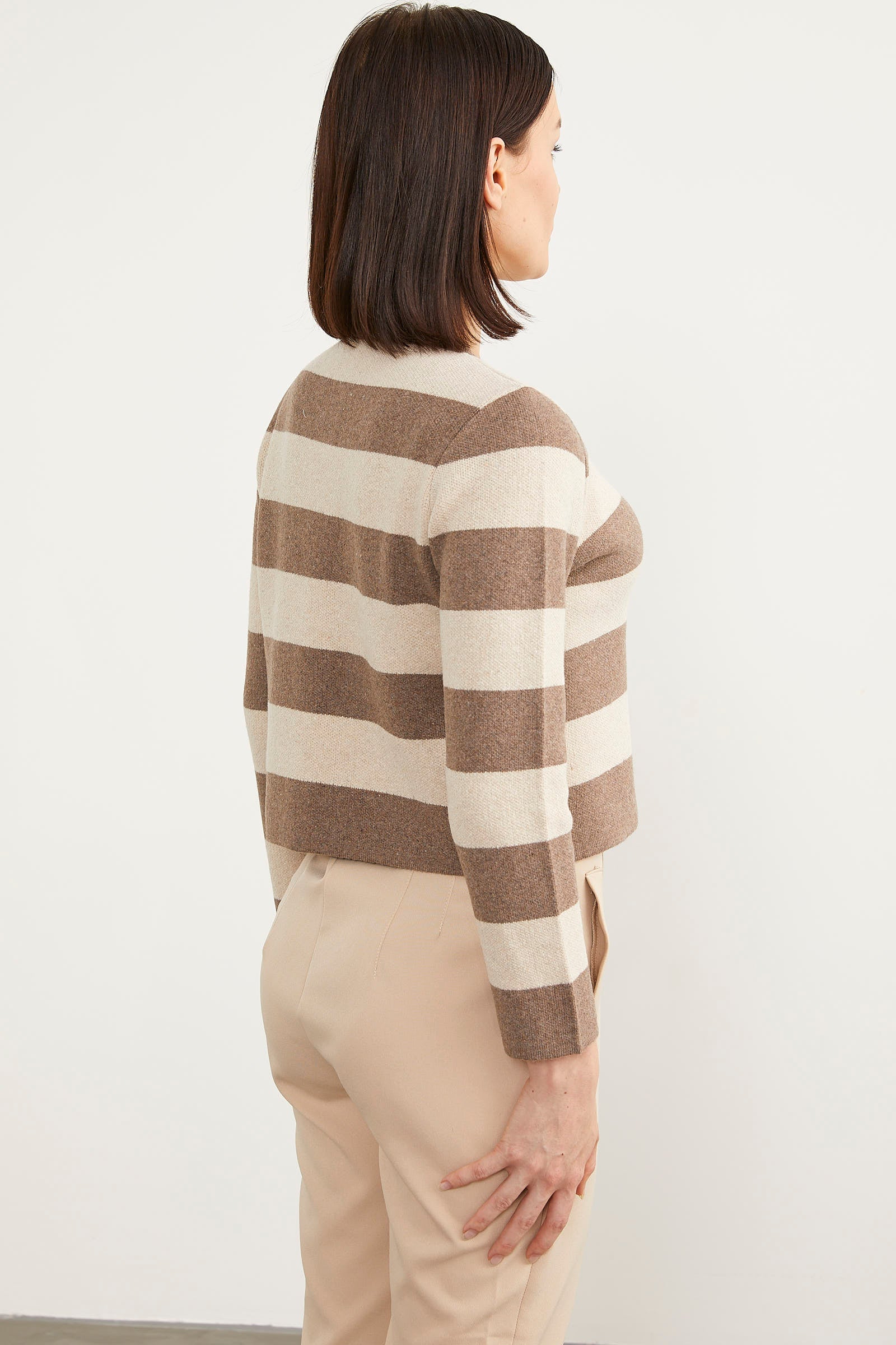 Çizgili Kısa Triko Hırka - Sütlü Kahve (6) Sementa