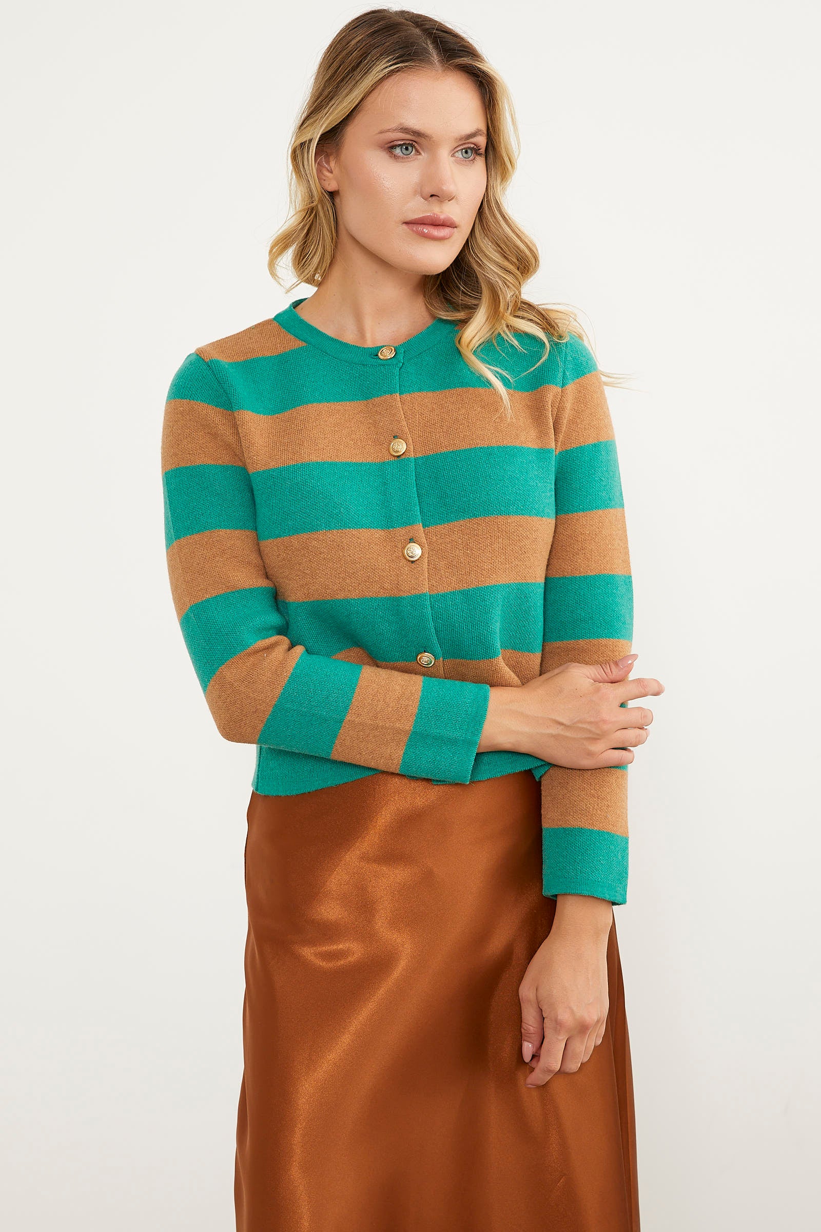 Çizgili Kısa Triko Hırka - Yeşil (4) Sementa