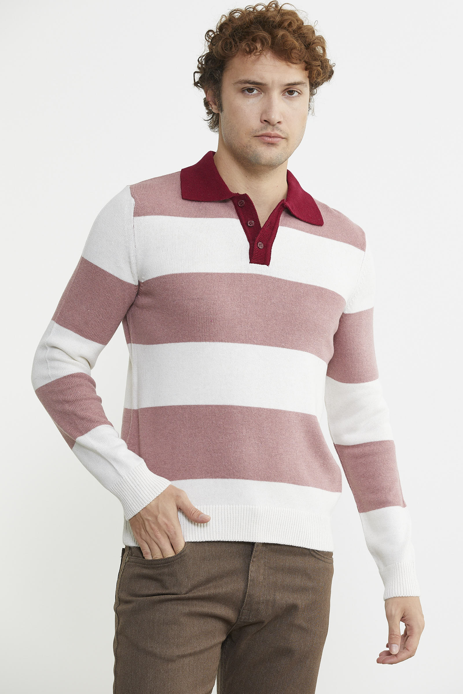 Çizgili Polo Yaka Yünlü Triko Kazak - Gül - Sementa