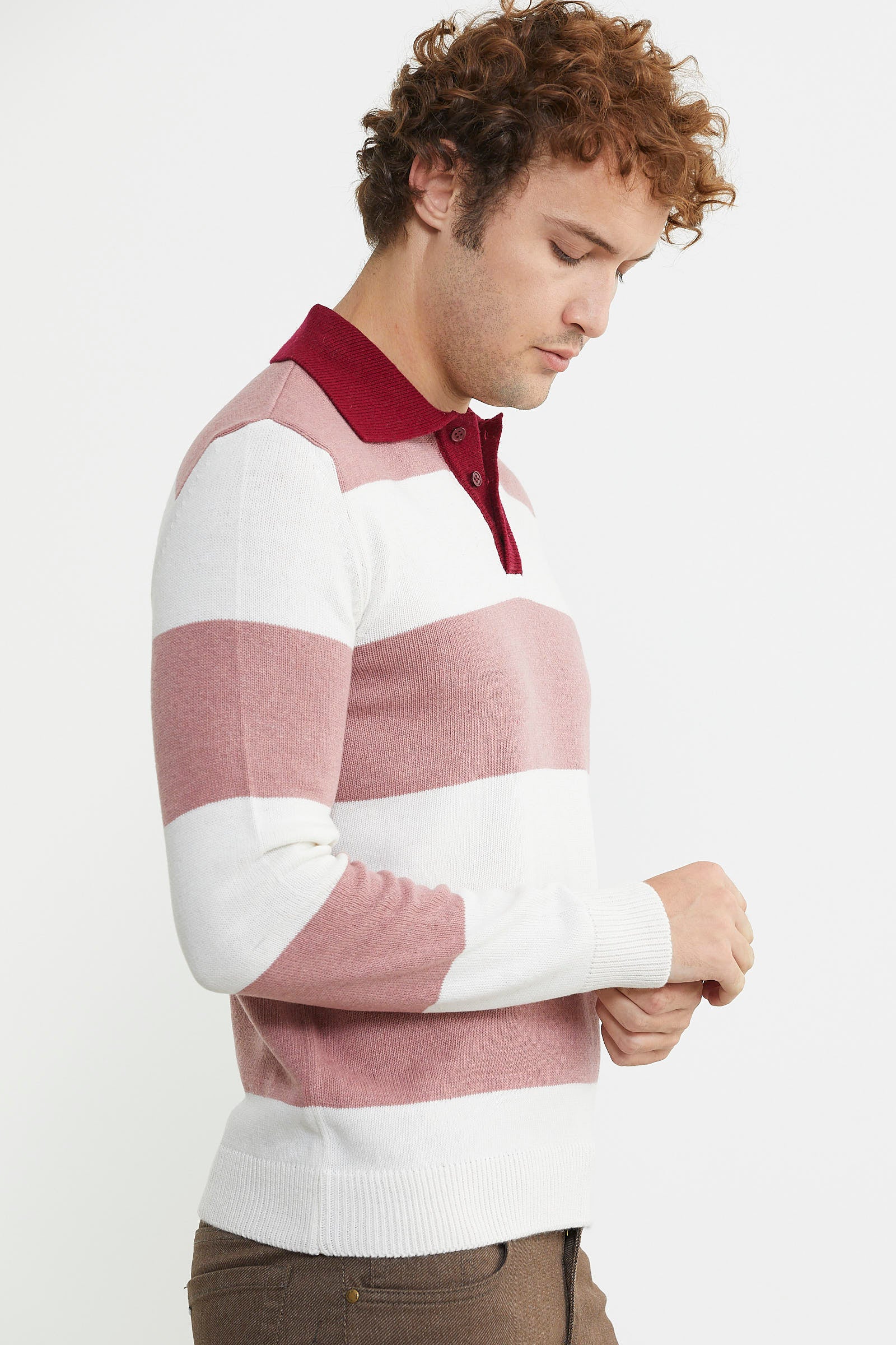 Çizgili Polo Yaka Yünlü Triko Kazak - Gül - Sementa