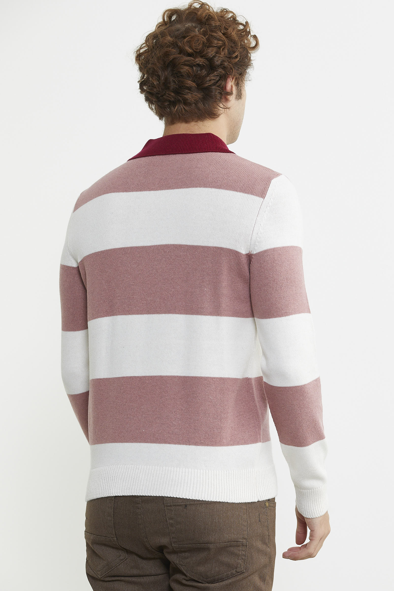 Çizgili Polo Yaka Yünlü Triko Kazak - Gül - Sementa