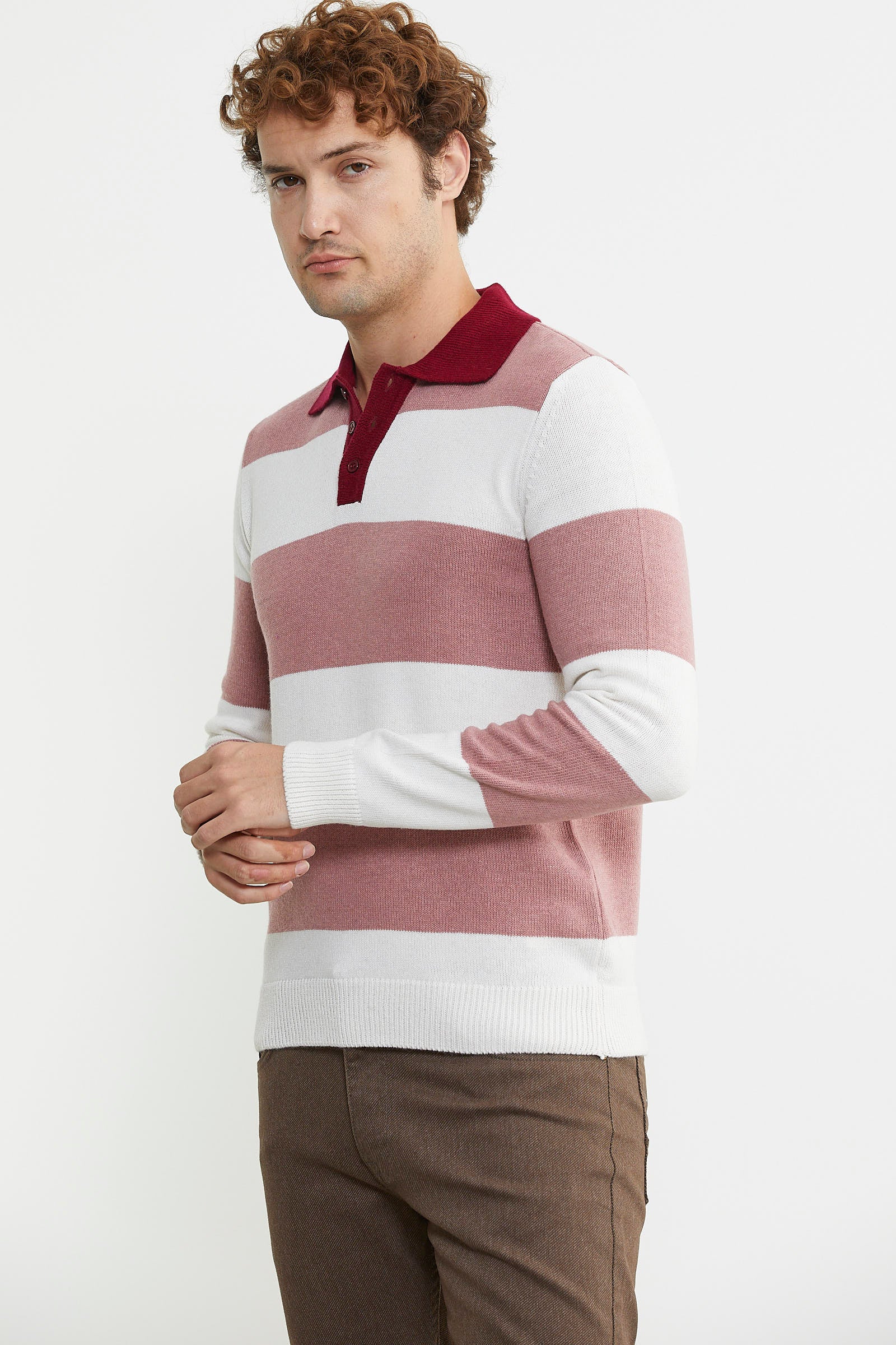 Çizgili Polo Yaka Yünlü Triko Kazak - Gül - Sementa