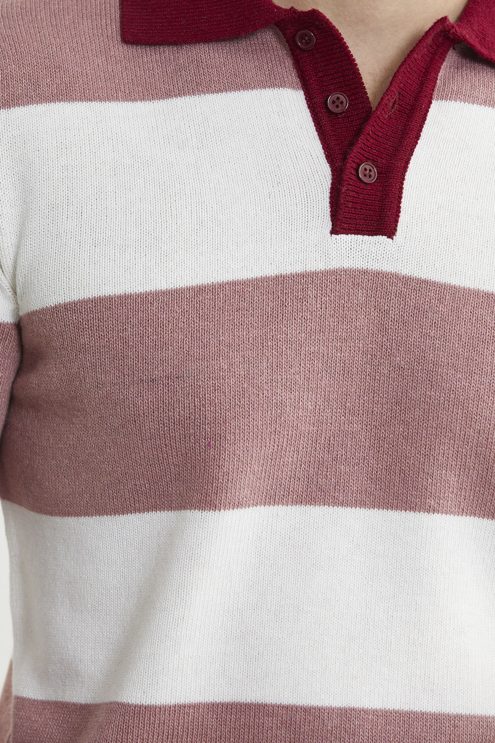 Çizgili Polo Yaka Yünlü Triko Kazak - Gül - Sementa