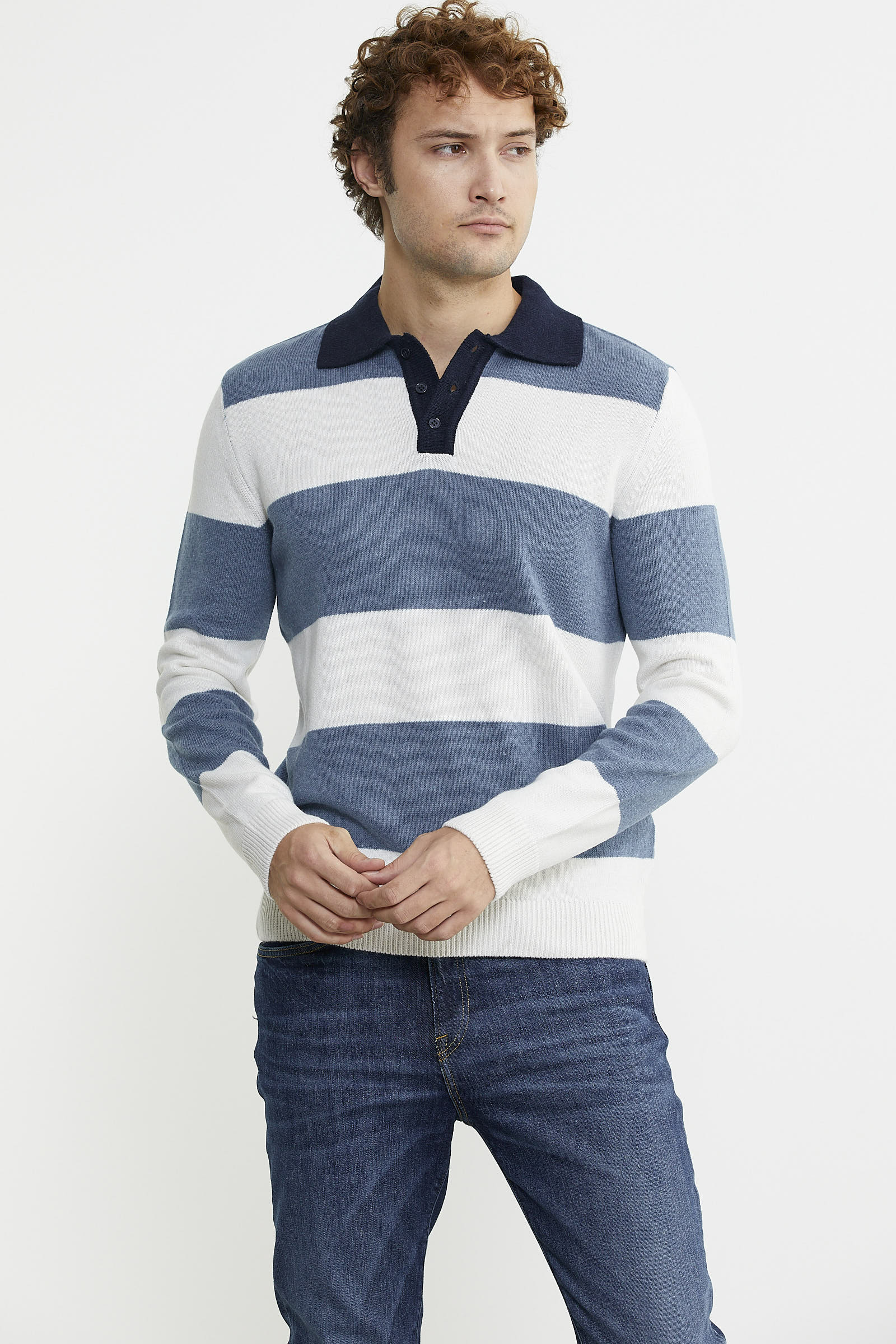 Çizgili Polo Yaka Yünlü Triko Kazak - Mavi - Sementa