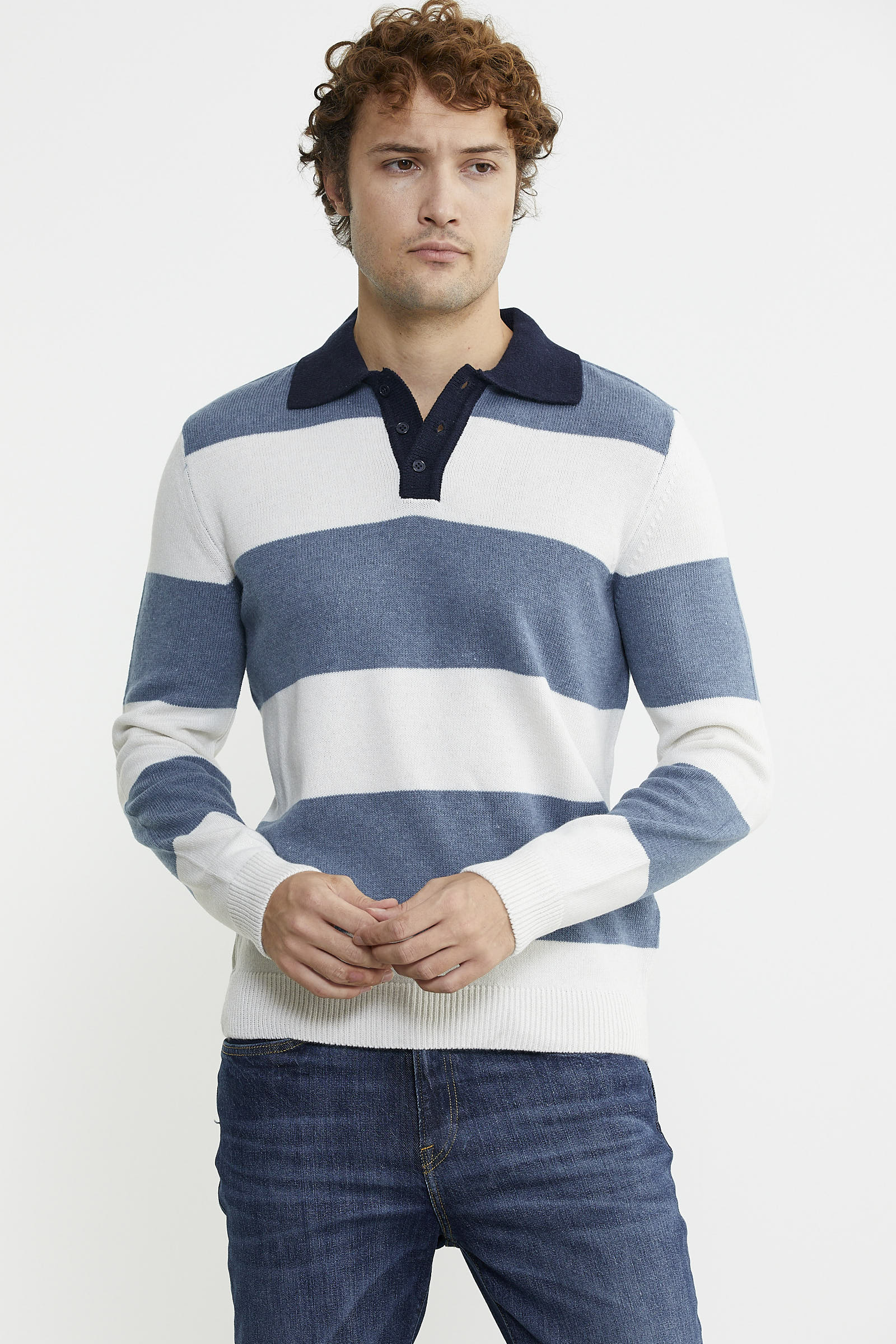 Çizgili Polo Yaka Yünlü Triko Kazak - Mavi - Sementa