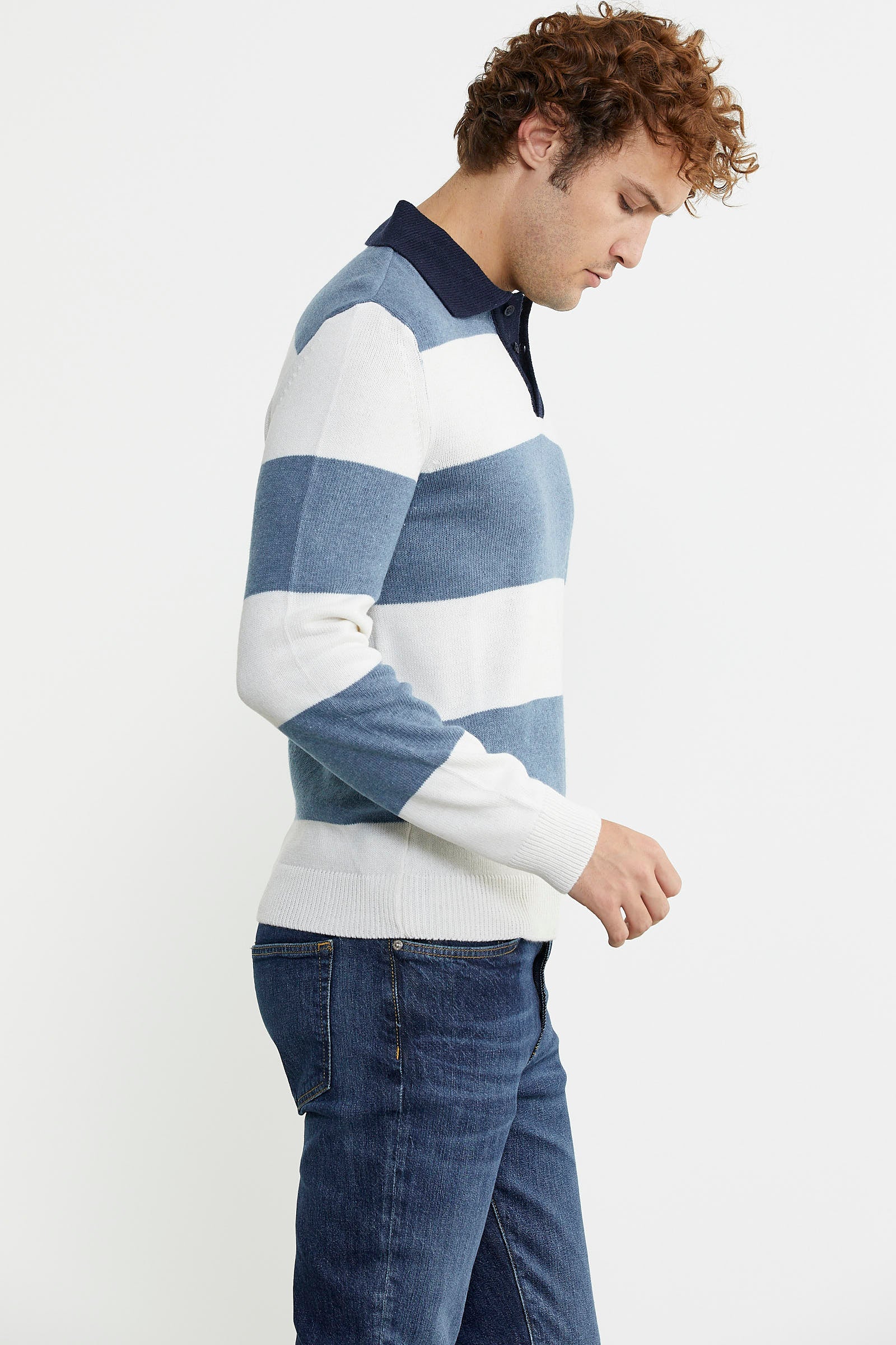 Çizgili Polo Yaka Yünlü Triko Kazak - Mavi - Sementa