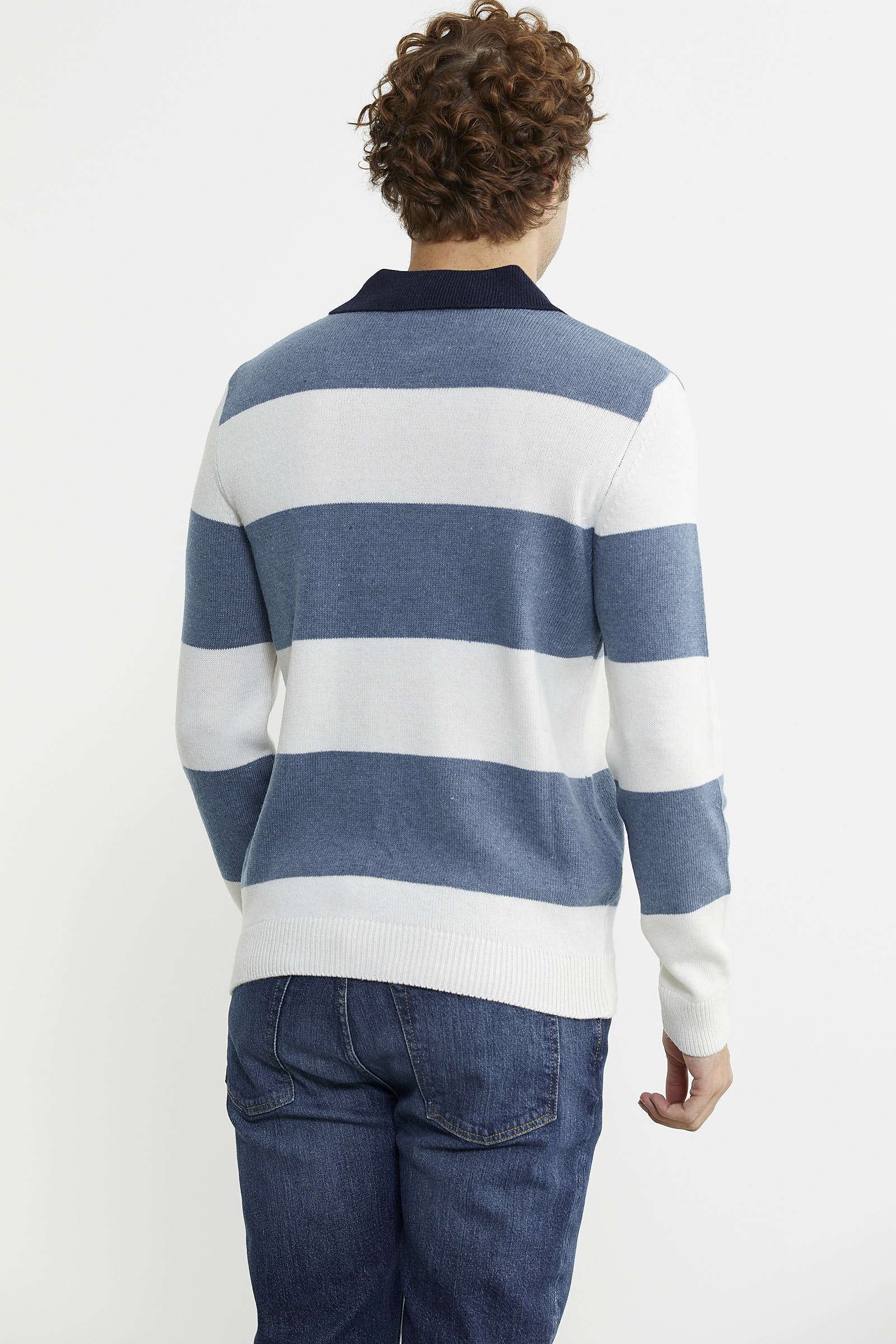 Çizgili Polo Yaka Yünlü Triko Kazak - Mavi - Sementa