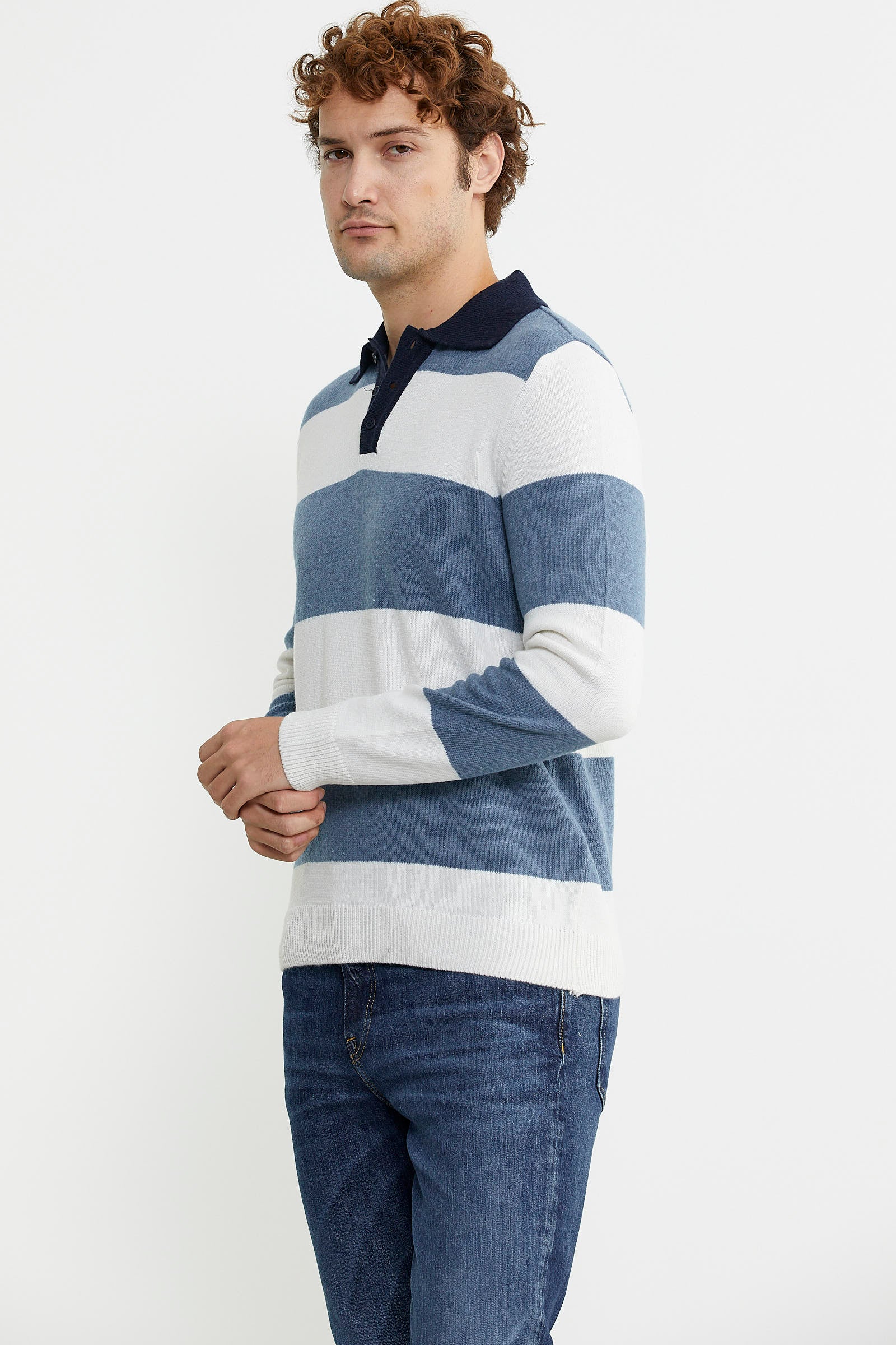 Çizgili Polo Yaka Yünlü Triko Kazak - Mavi - Sementa