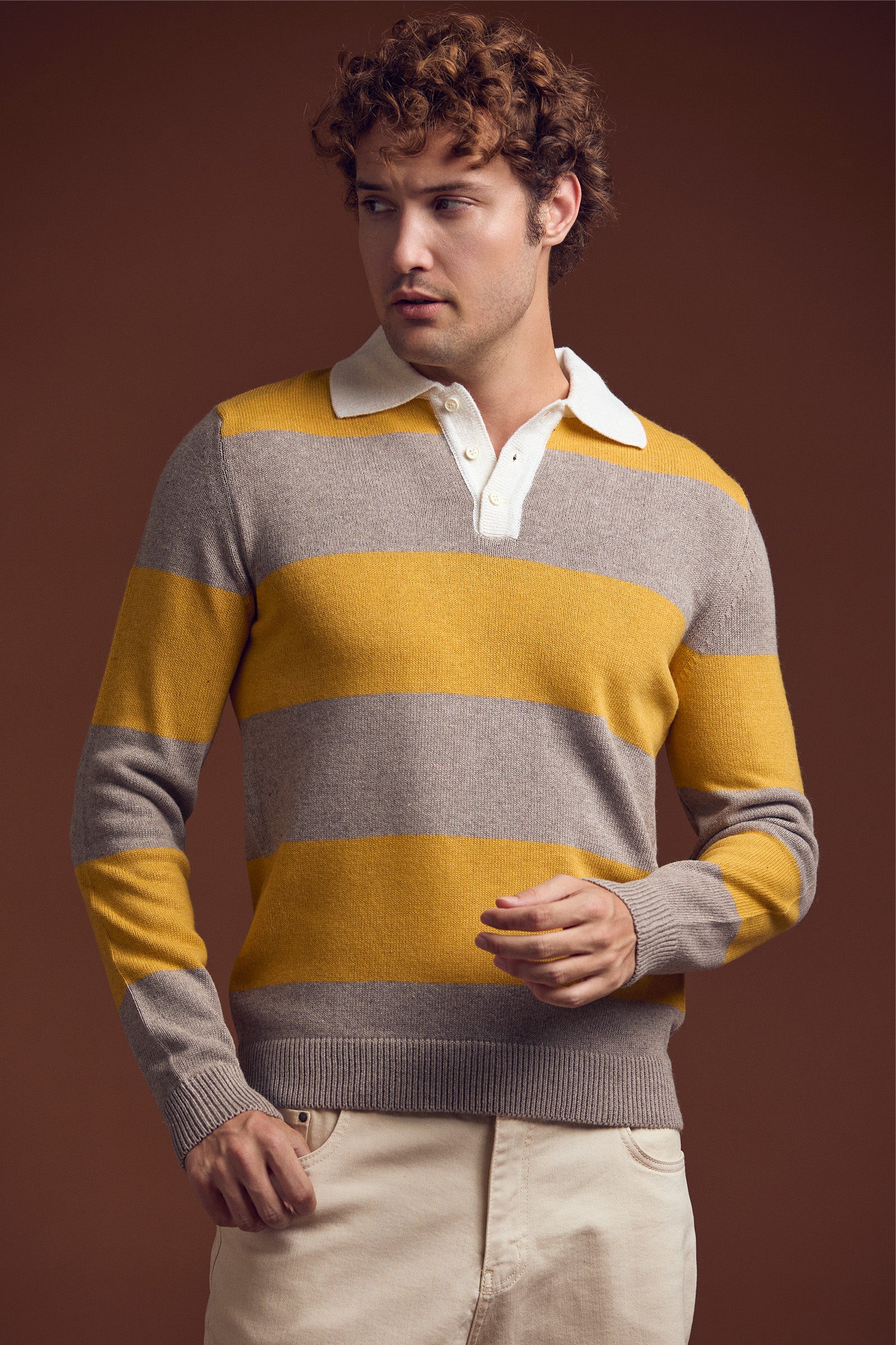 Çizgili Polo Yaka Yünlü Triko Kazak - Sarı - Sementa