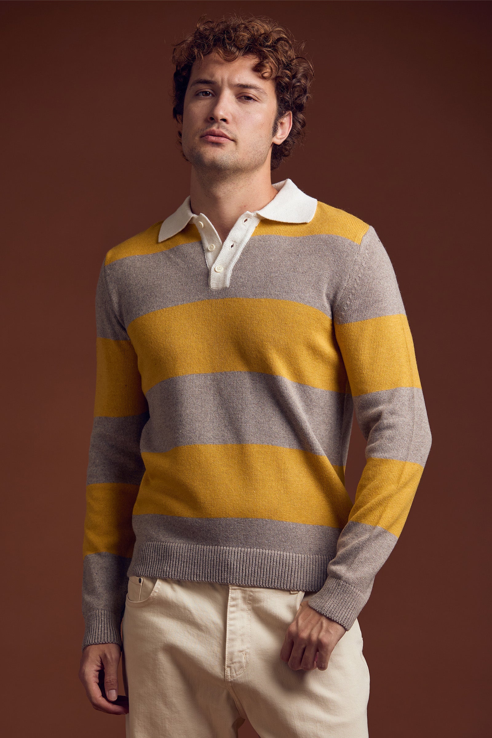 Çizgili Polo Yaka Yünlü Triko Kazak - Sarı - Sementa