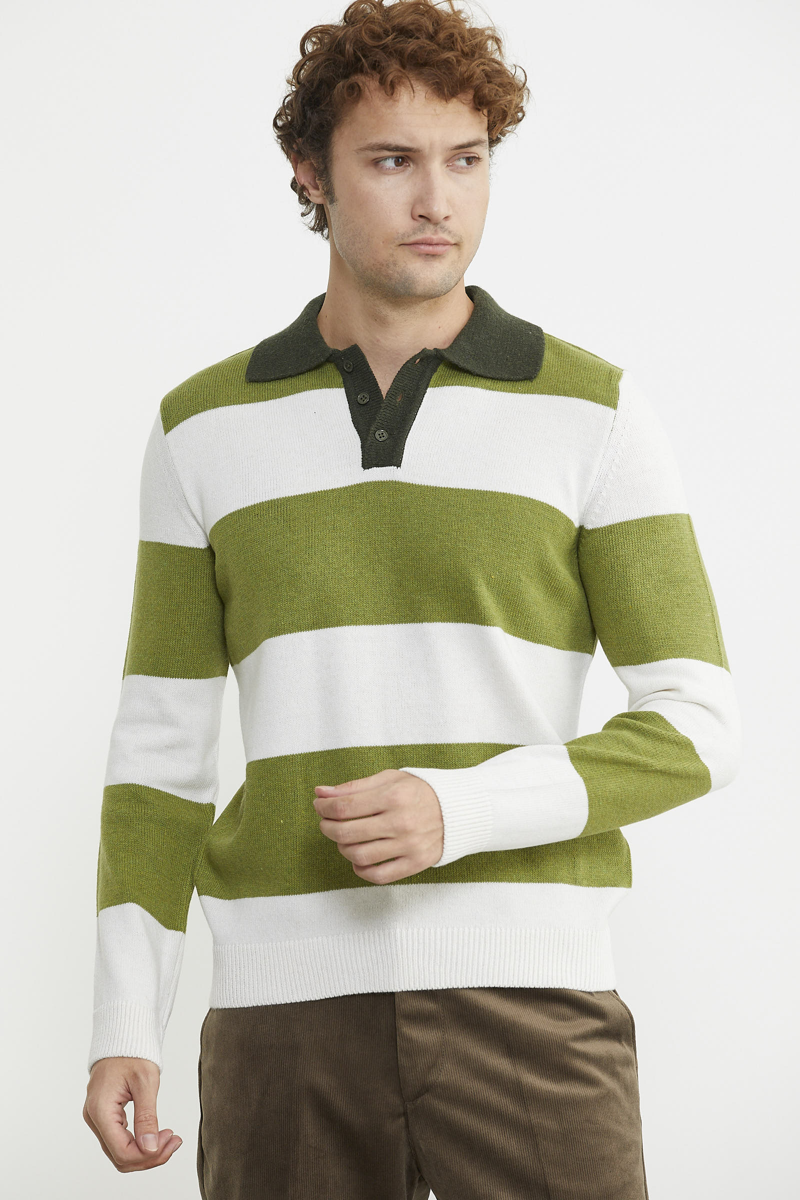 Çizgili Polo Yaka Yünlü Triko Kazak - Yeşil - Sementa