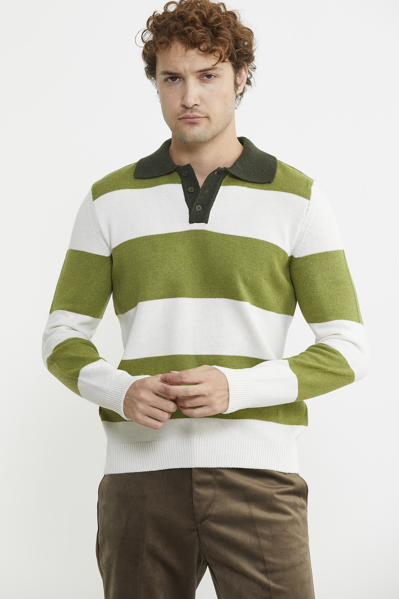 Çizgili Polo Yaka Yünlü Triko Kazak - Yeşil - Sementa