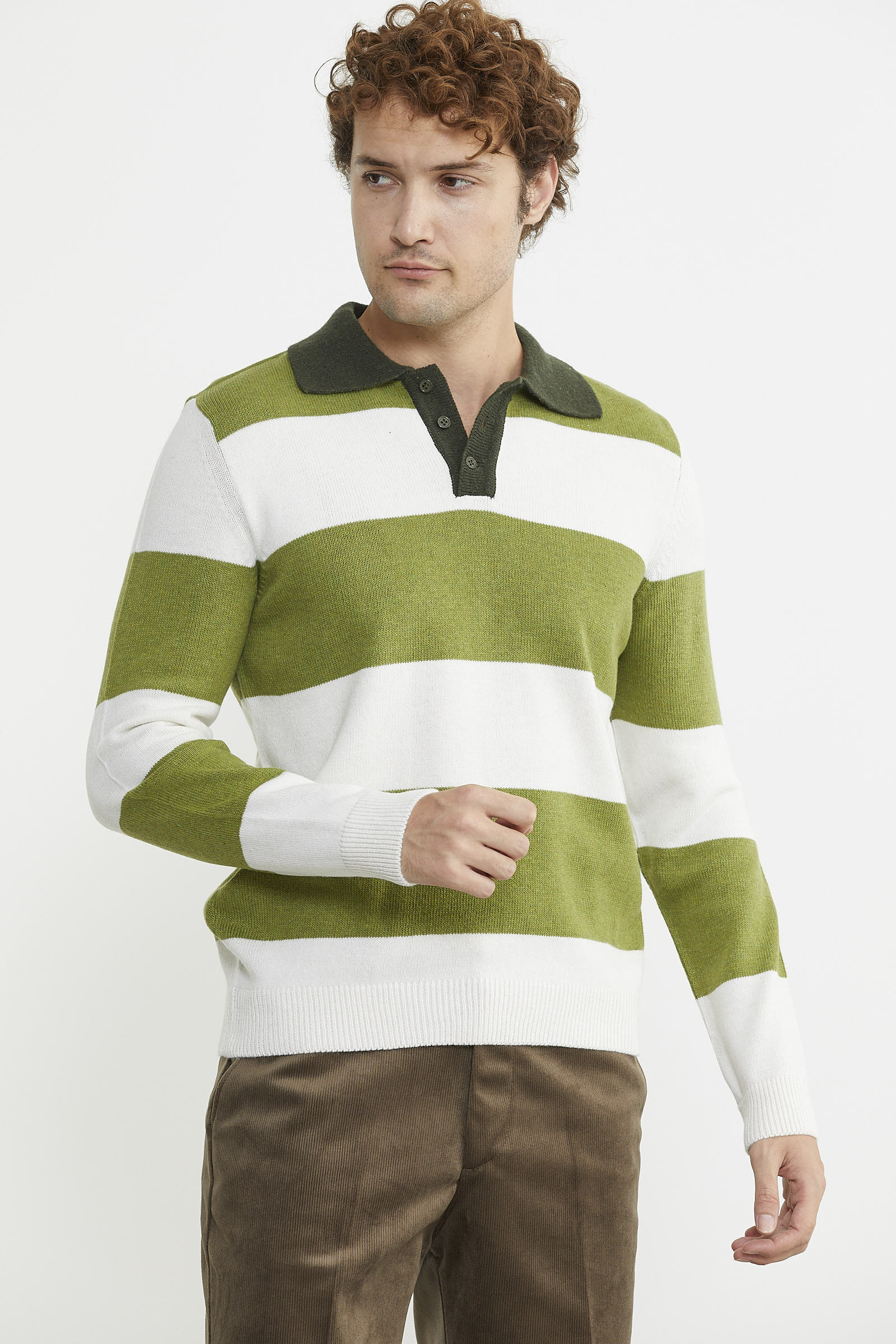 Çizgili Polo Yaka Yünlü Triko Kazak - Yeşil - Sementa
