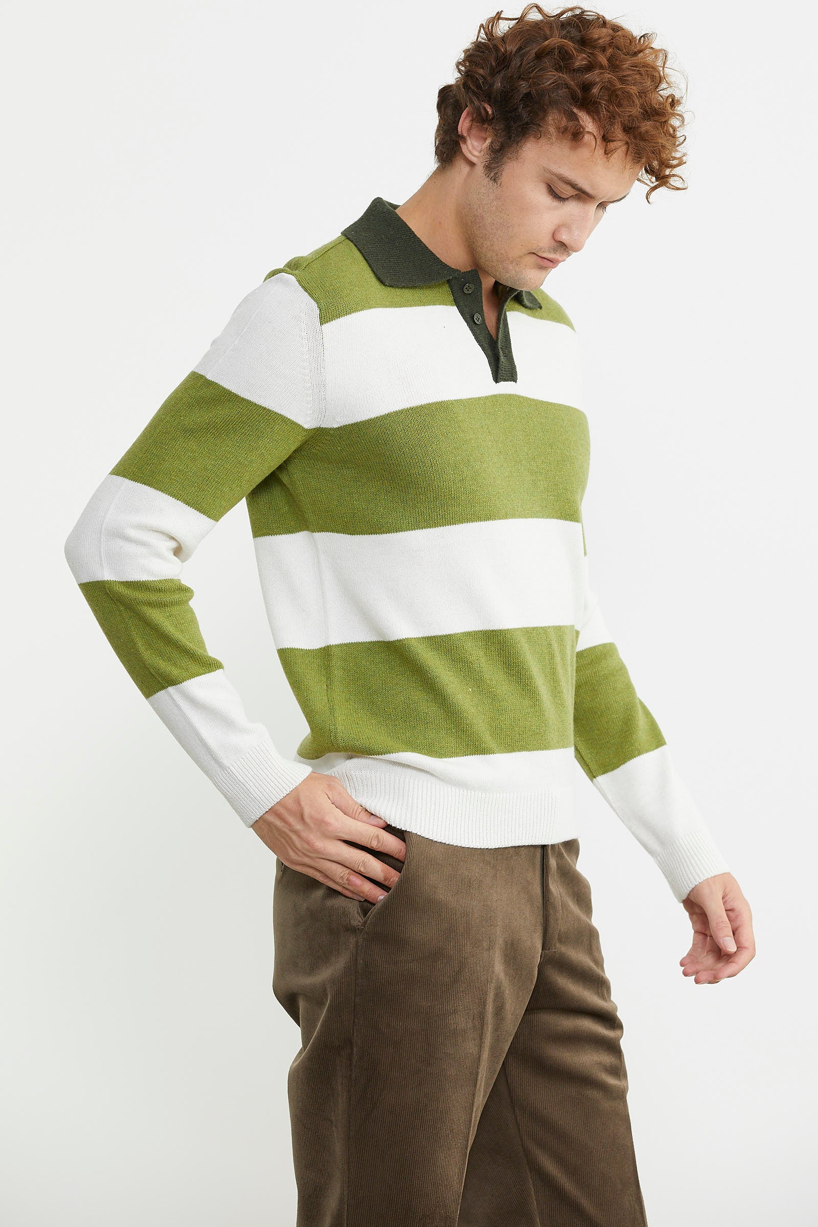 Çizgili Polo Yaka Yünlü Triko Kazak - Yeşil - Sementa