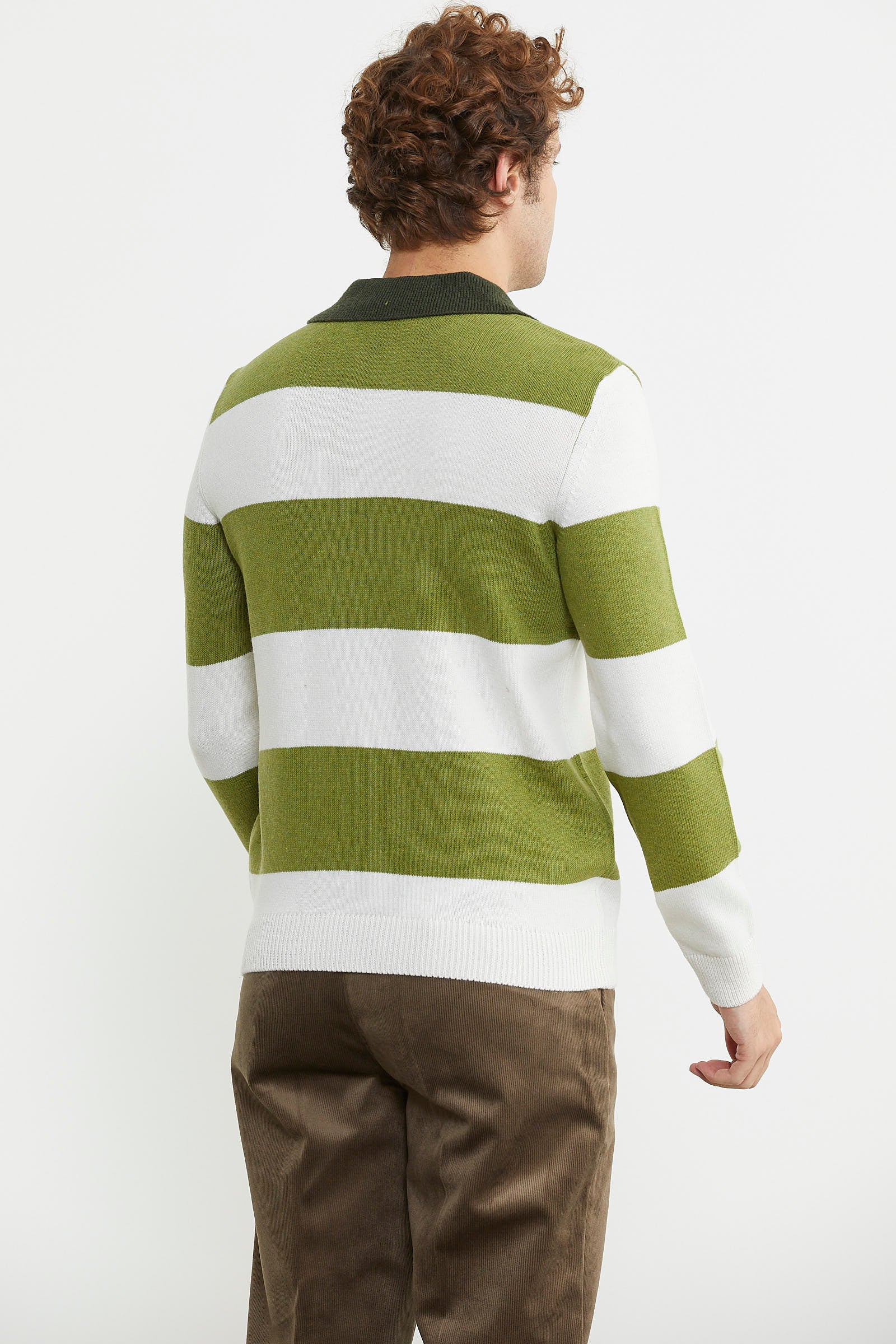 Çizgili Polo Yaka Yünlü Triko Kazak - Yeşil - Sementa