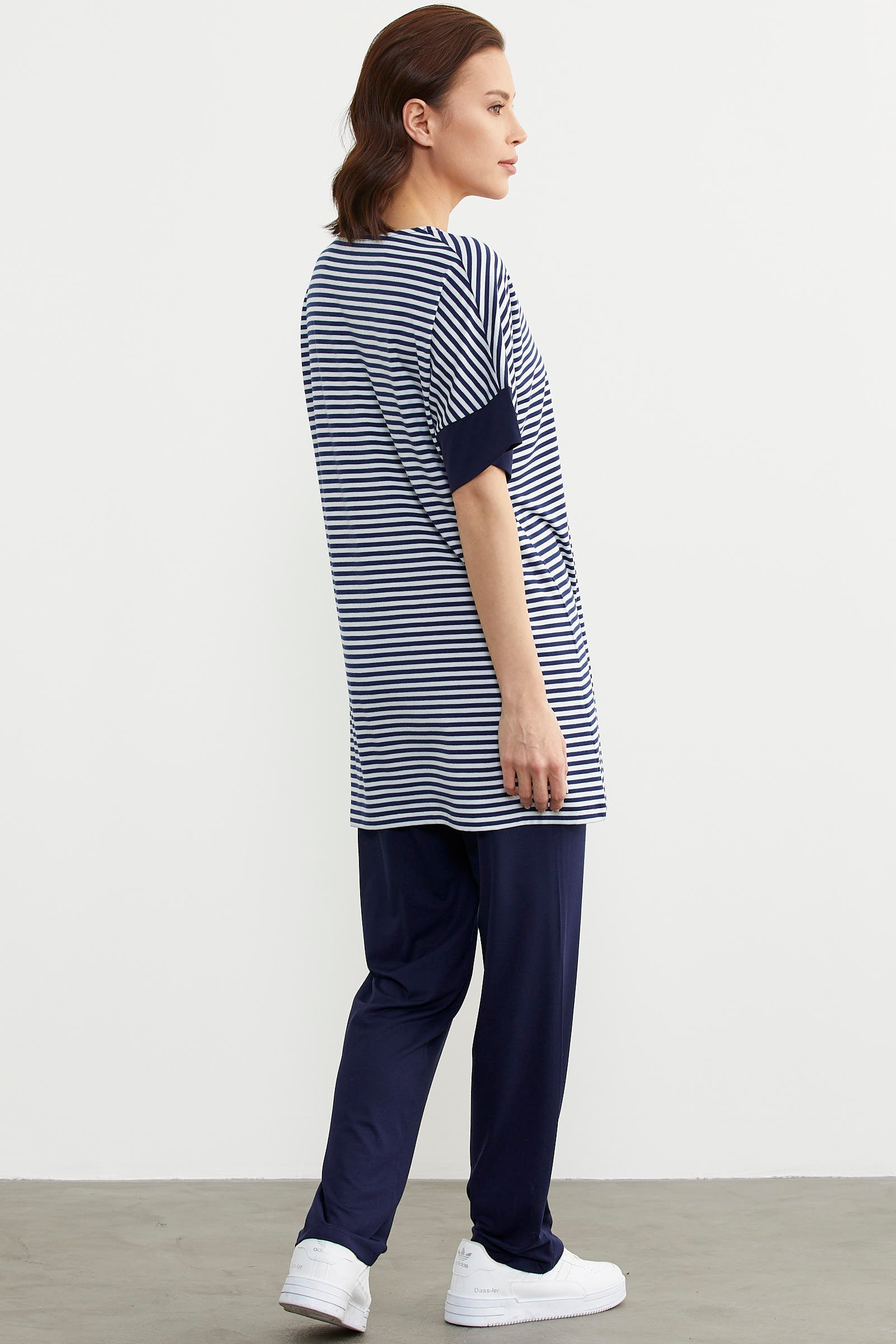 Çizgili Rahat Kalıp Tunik Penye Takım - Lacivert (3) Sementa