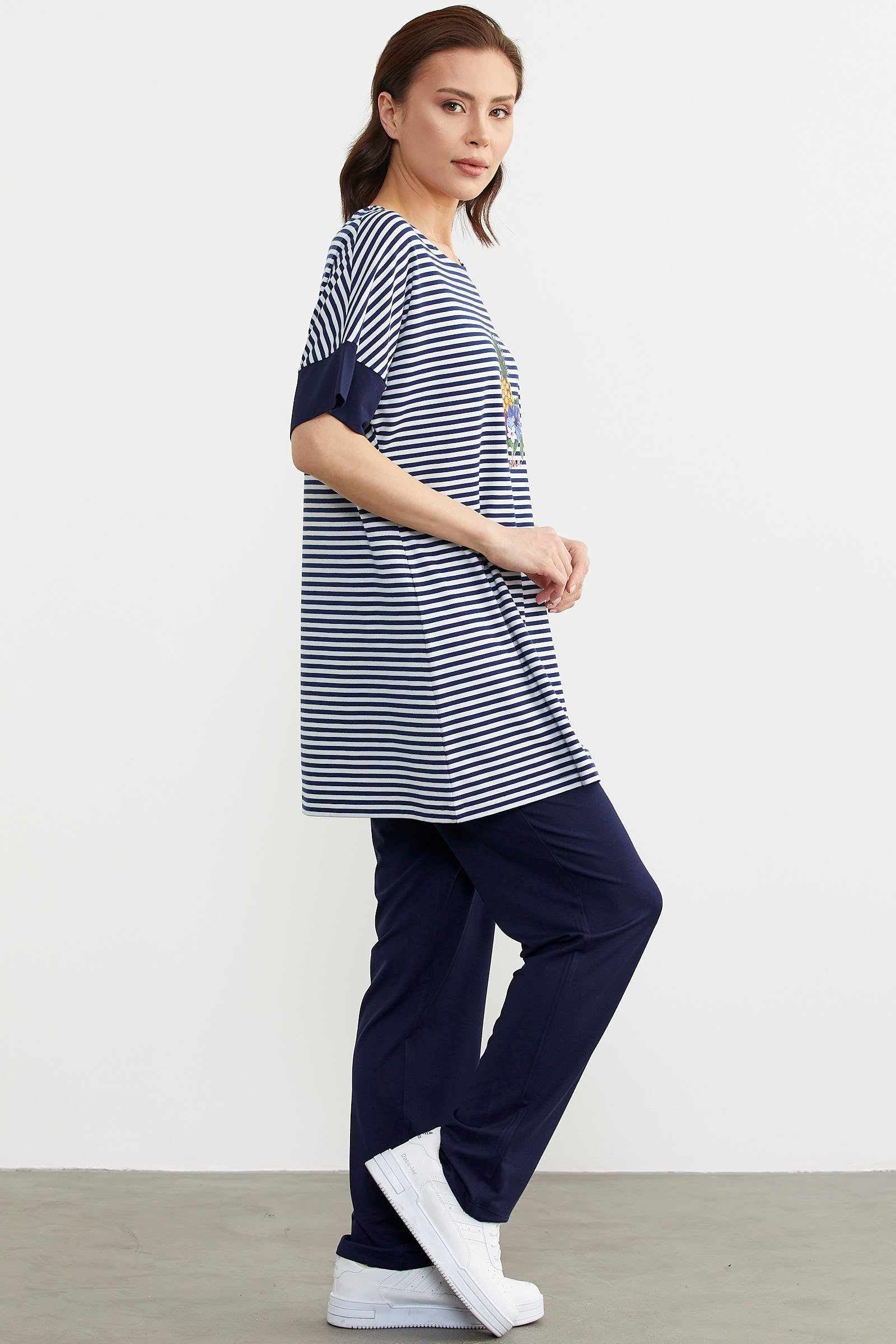Çizgili Rahat Kalıp Tunik Penye Takım - Lacivert (2) Sementa