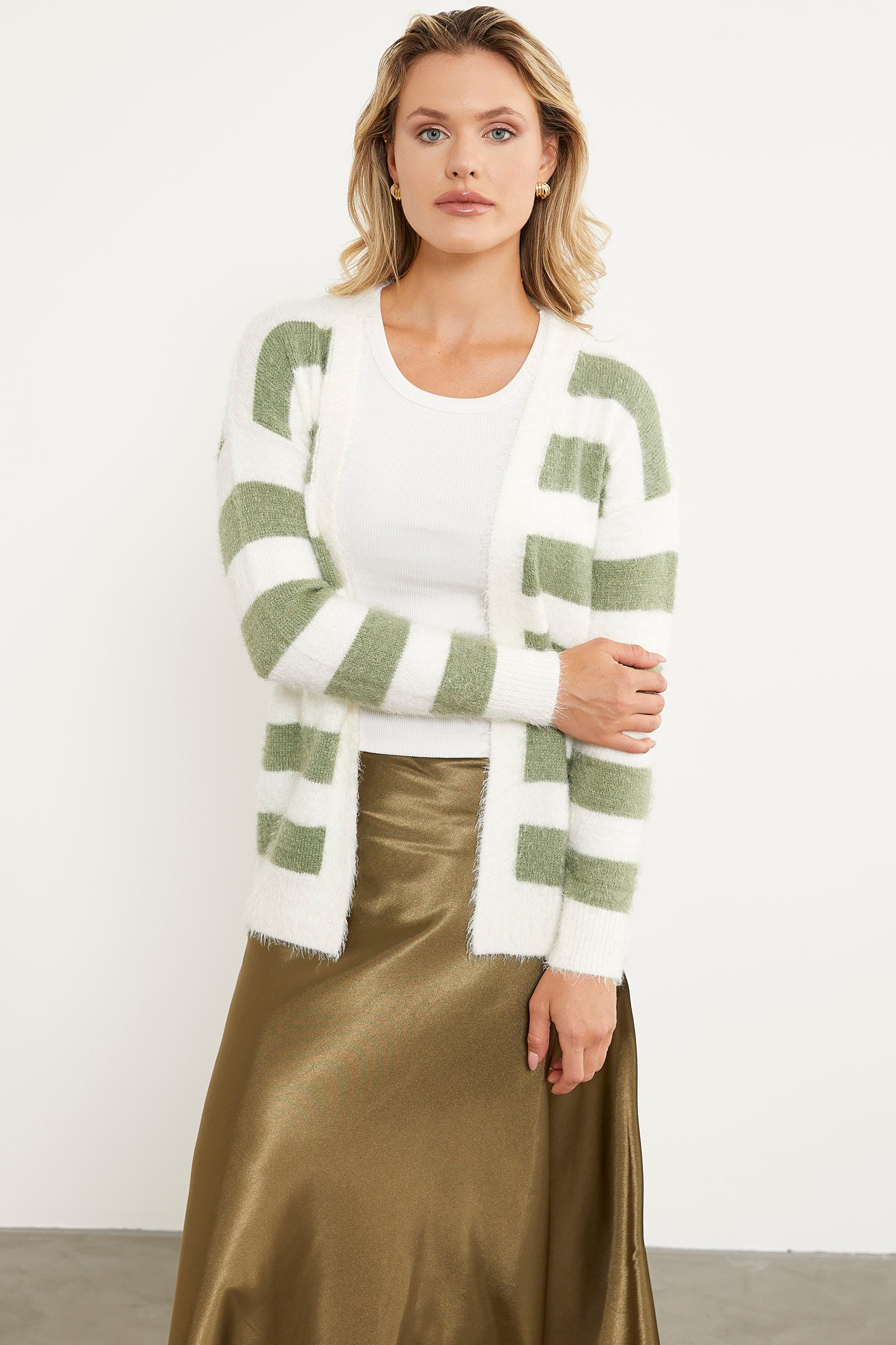 Çizgili Renk Geçişli Triko Hırka - Çağla Yeşili (3) Sementa