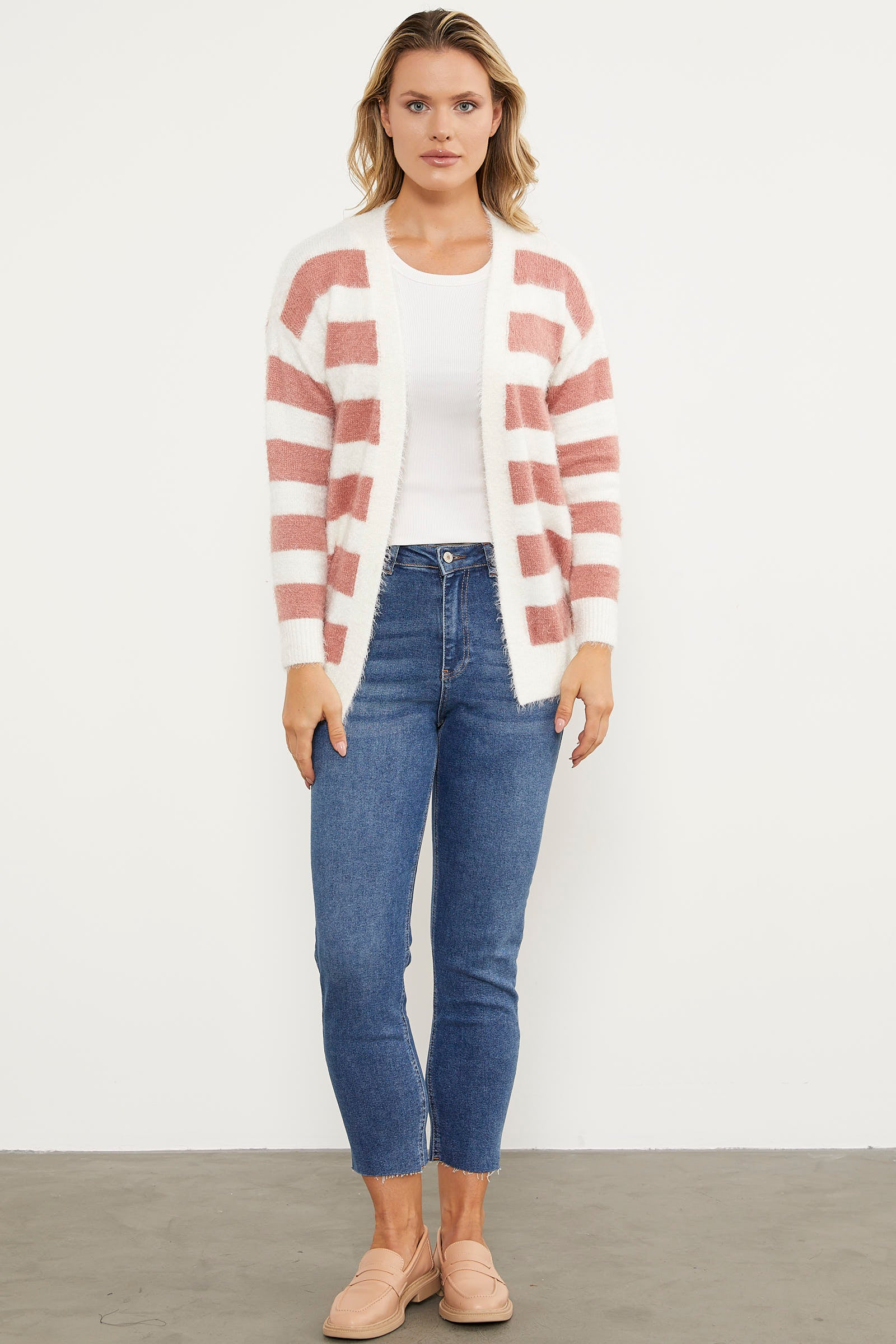 Çizgili Renk Geçişli Triko Hırka - Gül Kurusu (2) Sementa