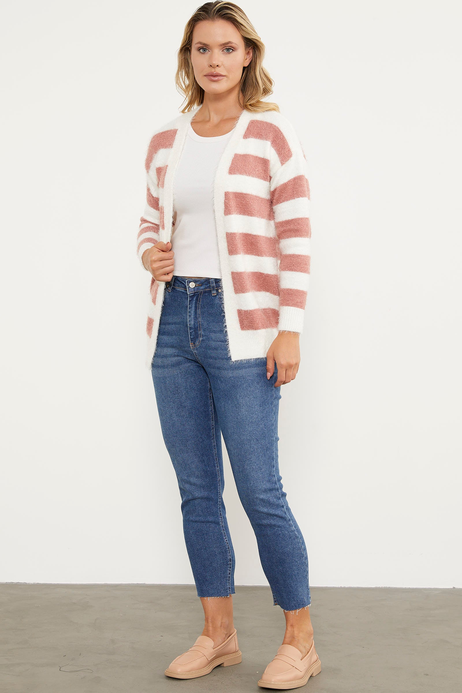 Çizgili Renk Geçişli Triko Hırka - Gül Kurusu (1) Sementa