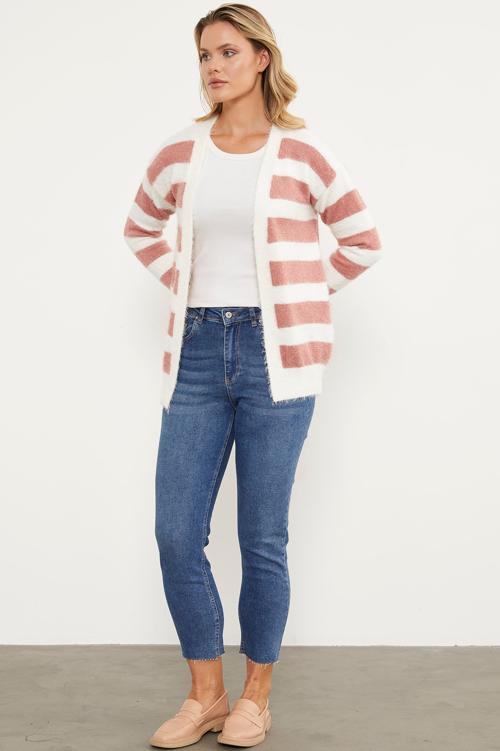 Çizgili Renk Geçişli Triko Hırka - Gül Kurusu (3) Sementa