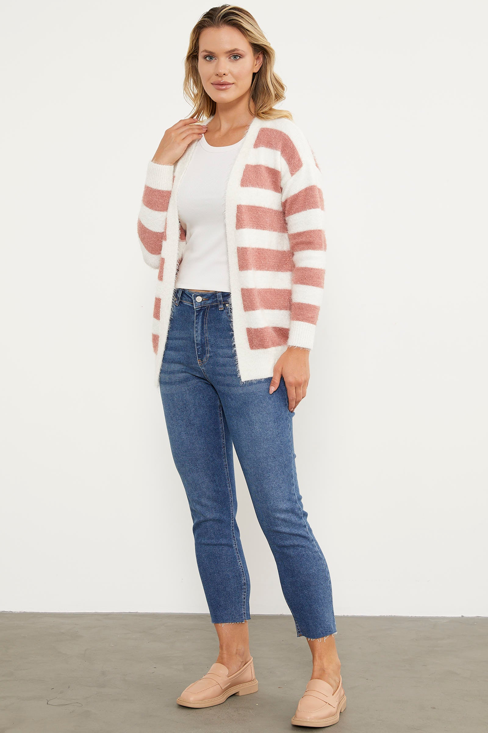 Çizgili Renk Geçişli Triko Hırka - Gül Kurusu (4) Sementa