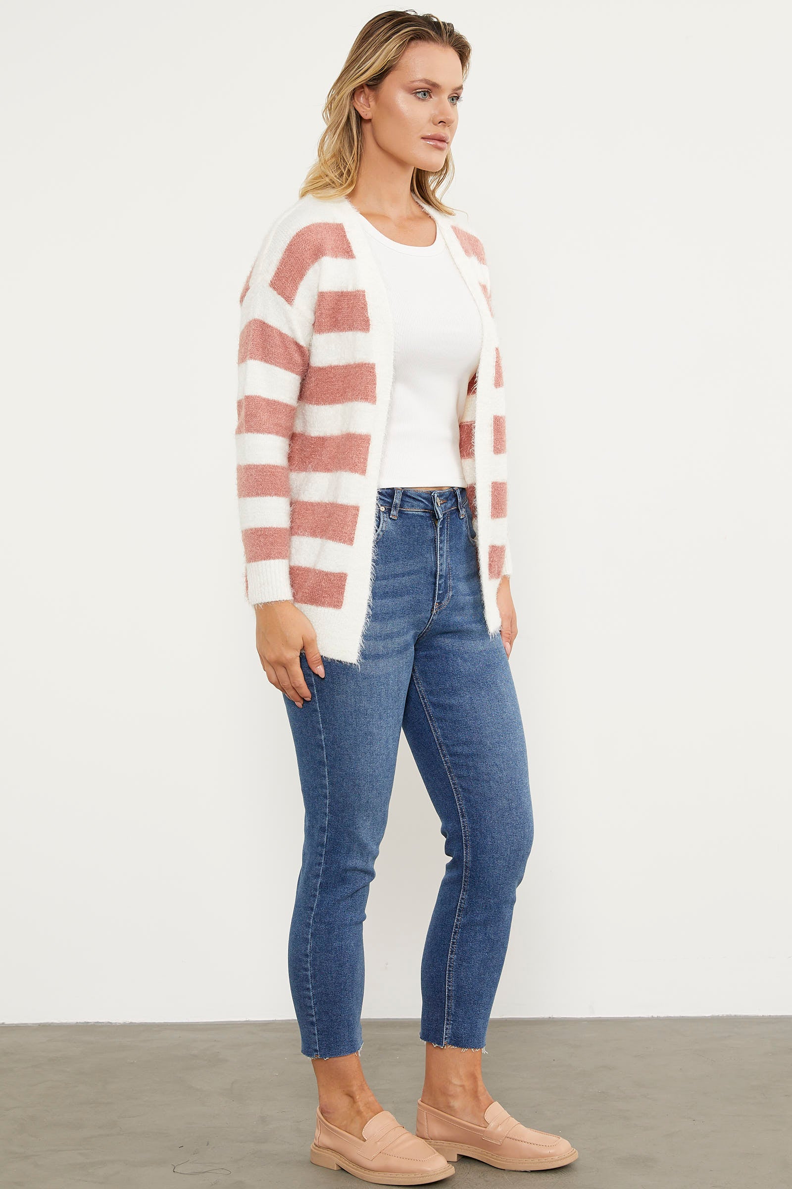 Çizgili Renk Geçişli Triko Hırka - Gül Kurusu (5) Sementa