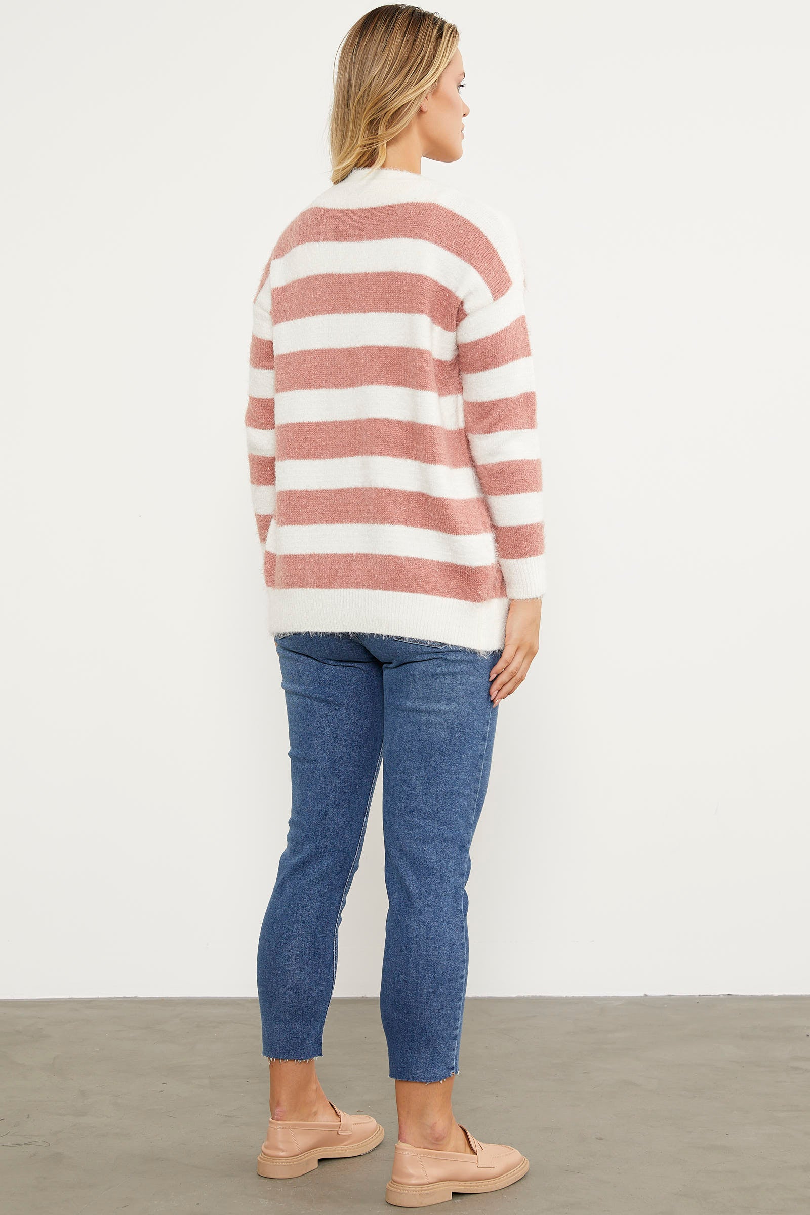 Çizgili Renk Geçişli Triko Hırka - Gül Kurusu (6) Sementa