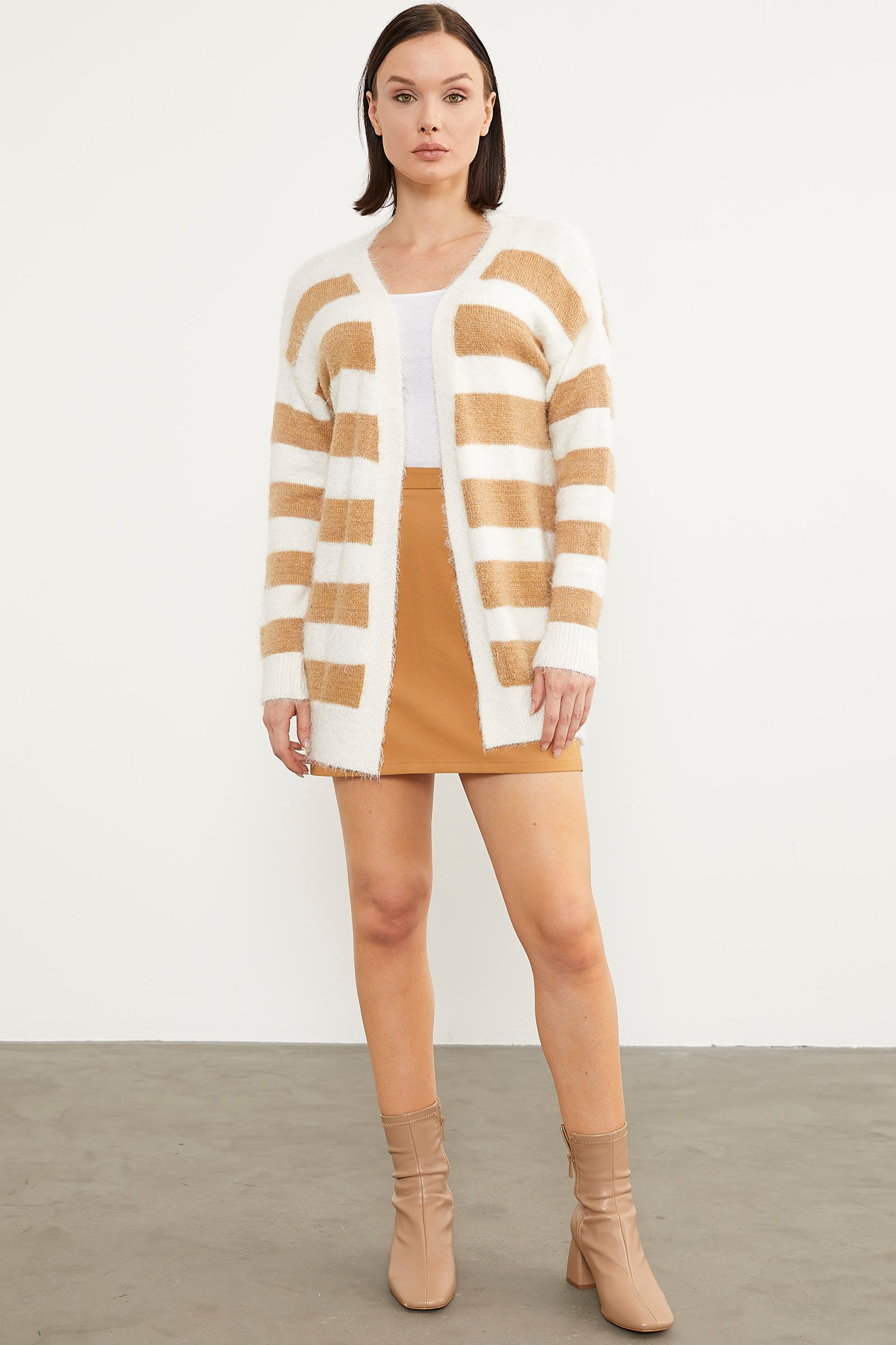 Çizgili Renk Geçişli Triko Hırka - Karamel (2) Sementa