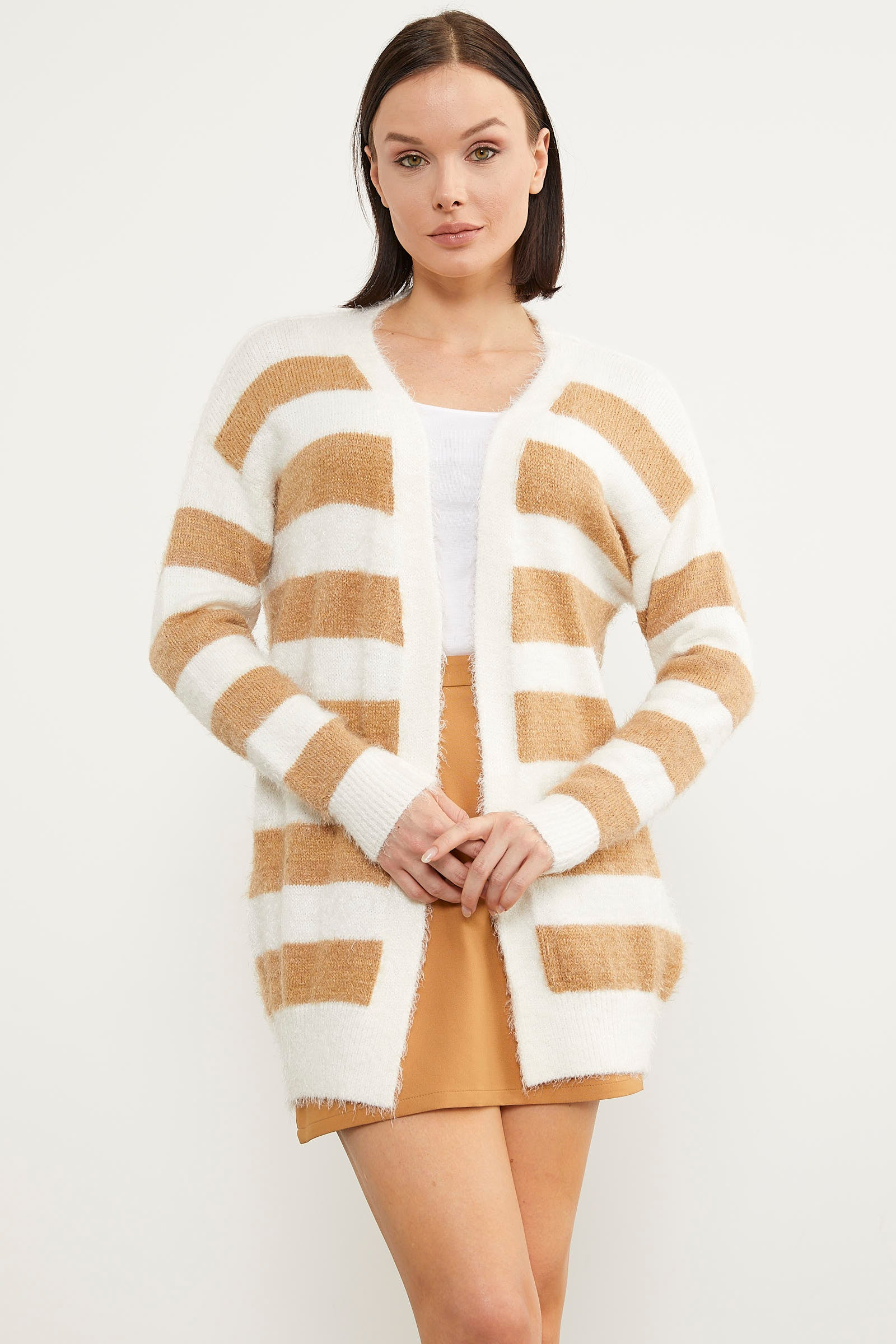 Çizgili Renk Geçişli Triko Hırka - Karamel (1) Sementa