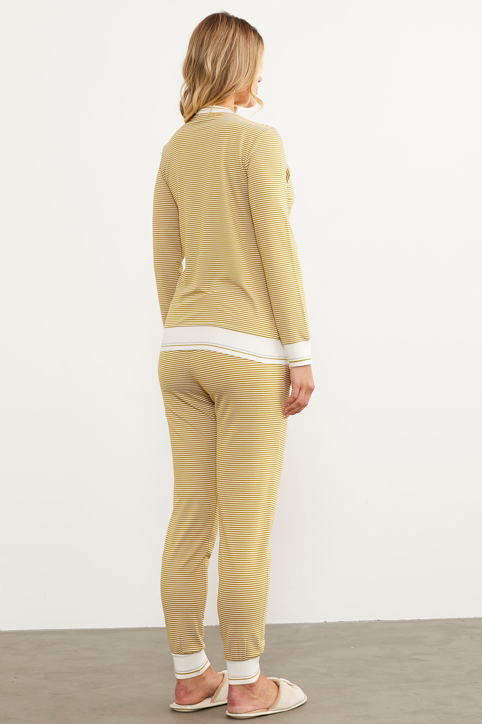 Çizgili Sıfır Yaka Pijama Takım - Hardal (8) Sementa