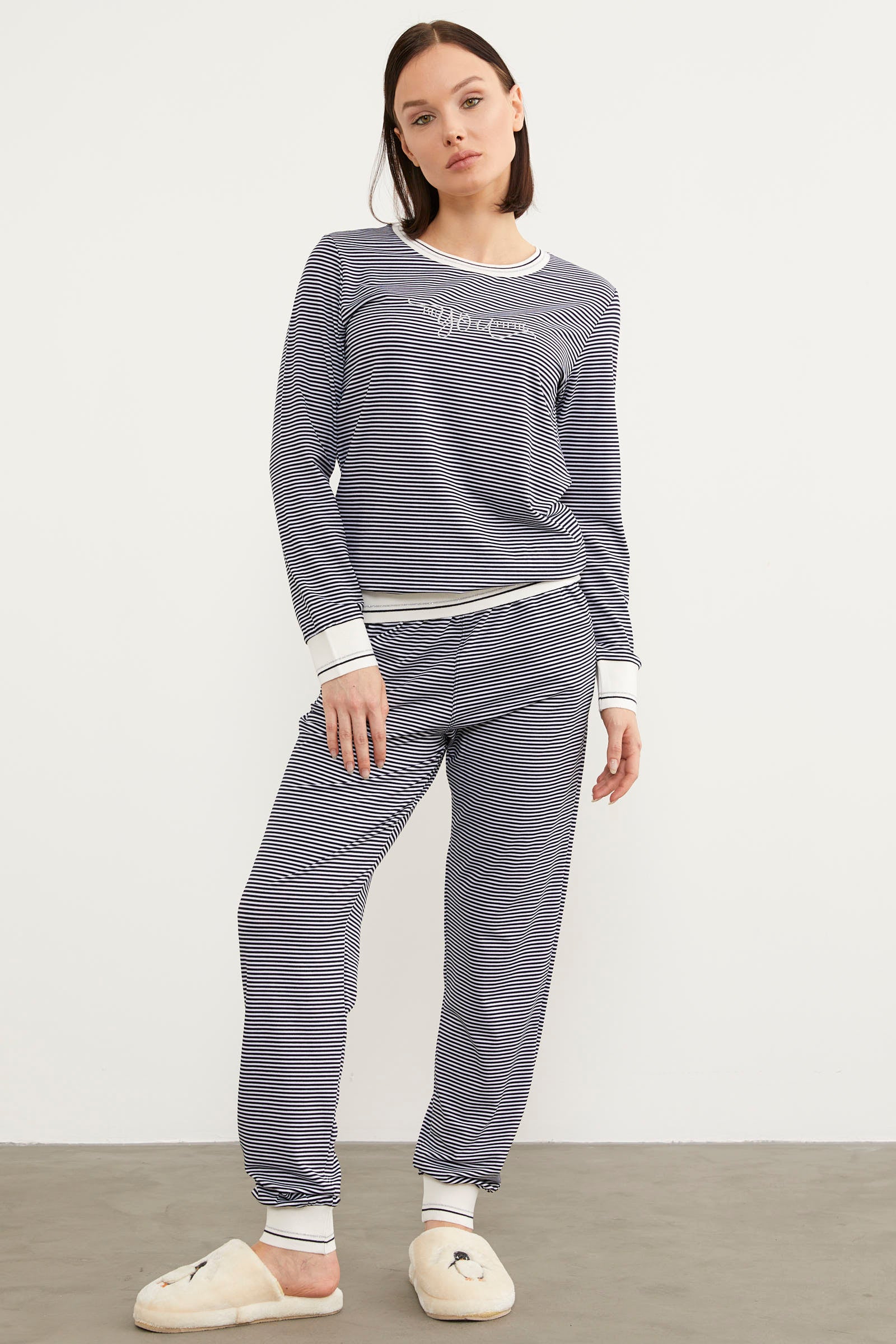 Çizgili Sıfır Yaka Pijama Takım - Lacivert (3) Sementa