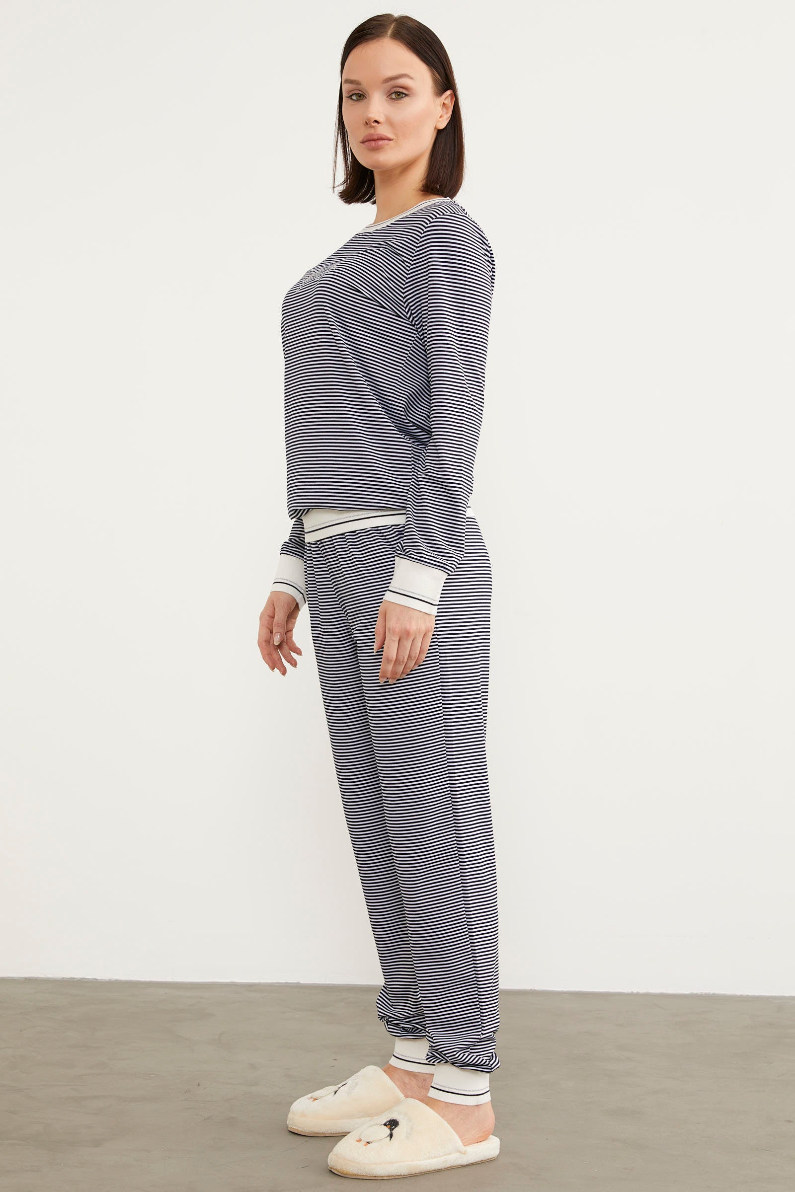 Çizgili Sıfır Yaka Pijama Takım - Lacivert (4) Sementa