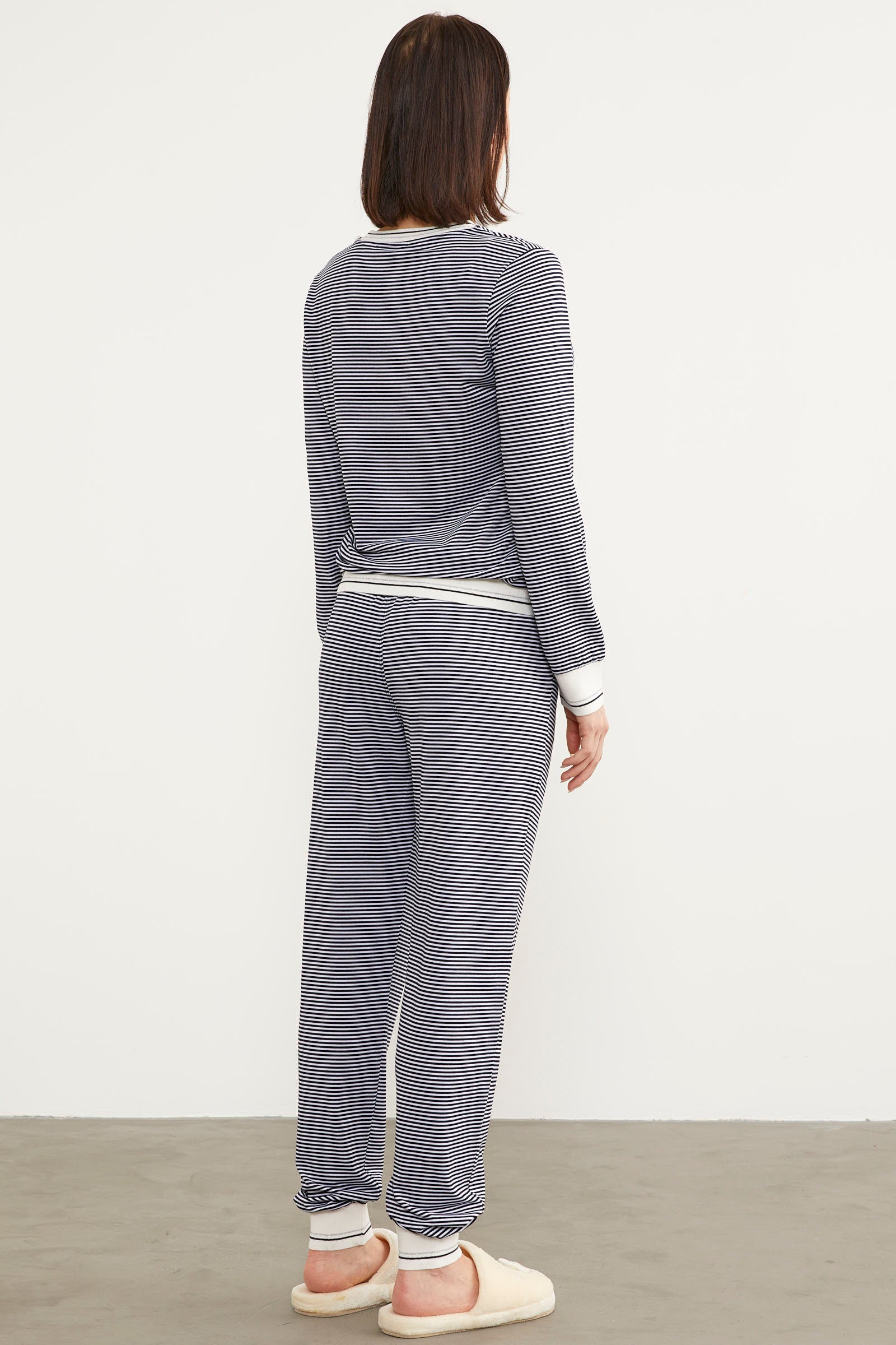 Çizgili Sıfır Yaka Pijama Takım - Lacivert (5) Sementa