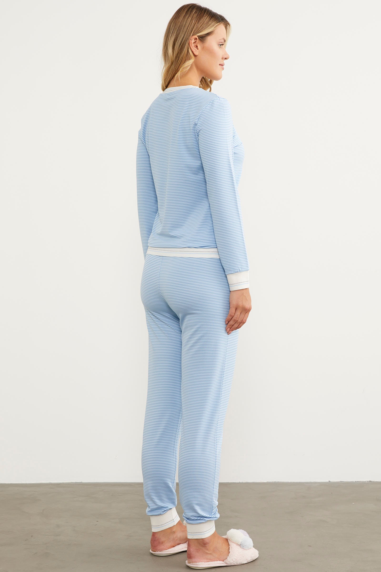 Çizgili Sıfır Yaka Pijama Takım - Mavi (7) Sementa