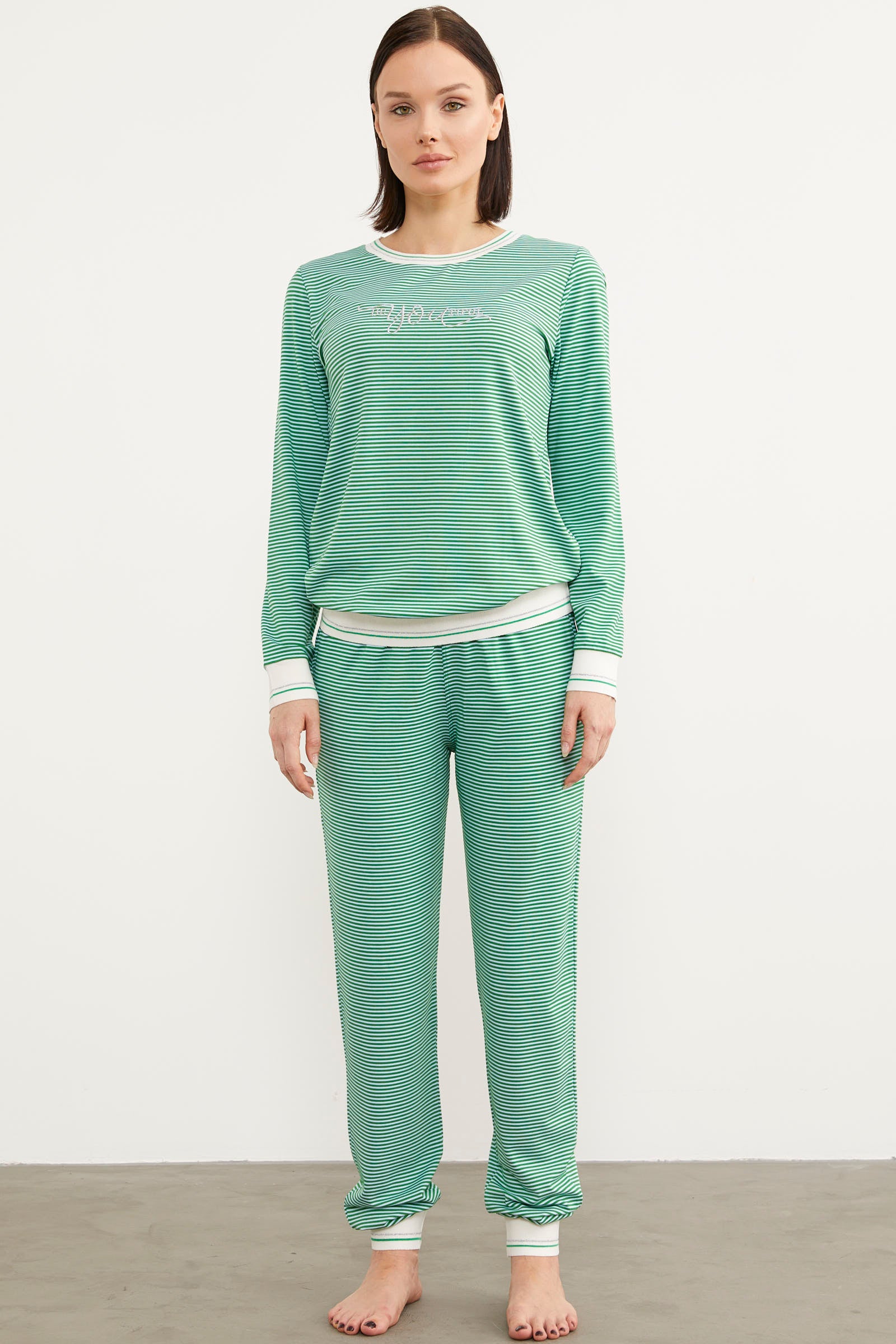 Çizgili Sıfır Yaka Pijama Takım - Yeşil (4) Sementa