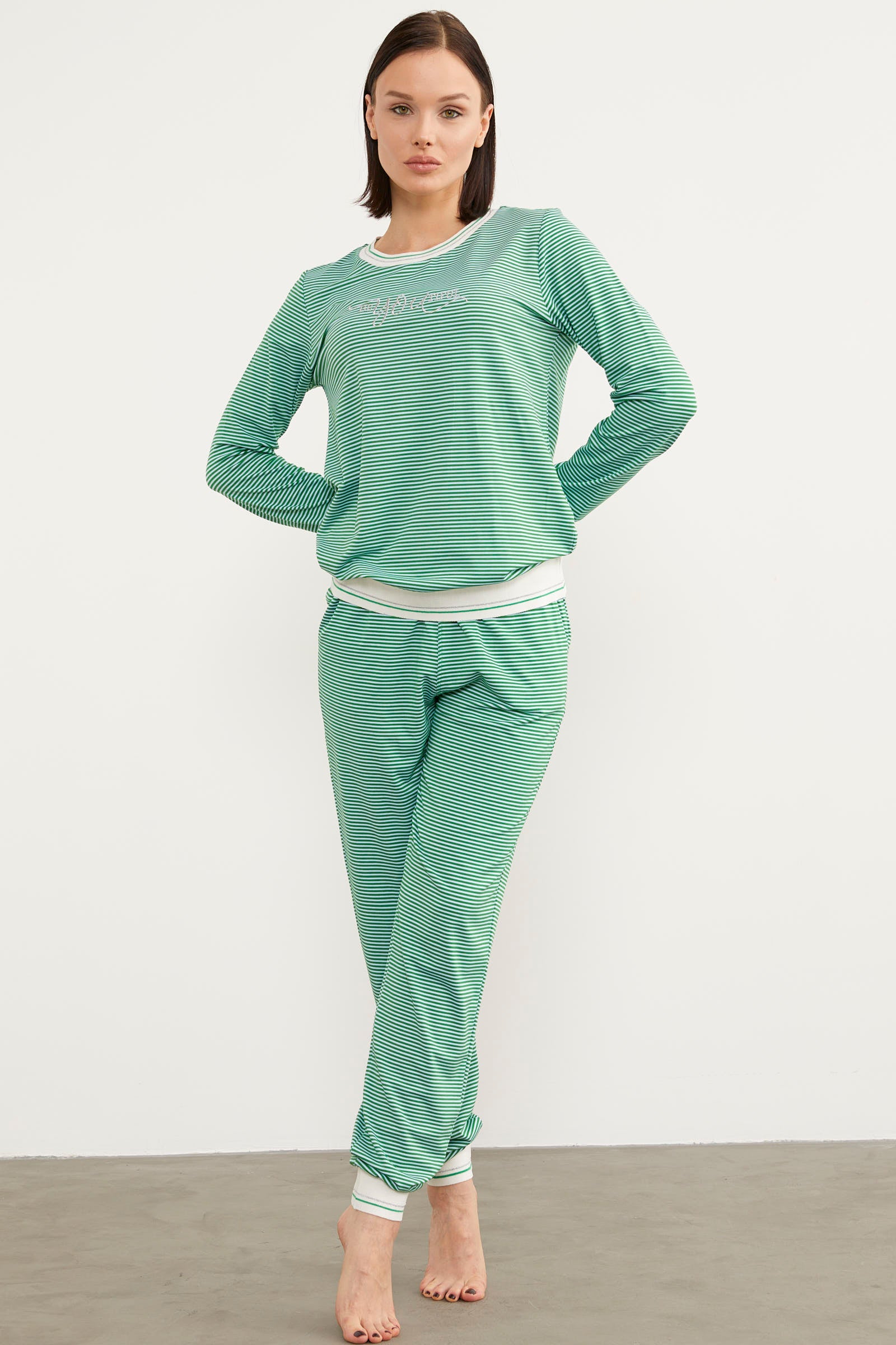 Çizgili Sıfır Yaka Pijama Takım - Yeşil (2) Sementa