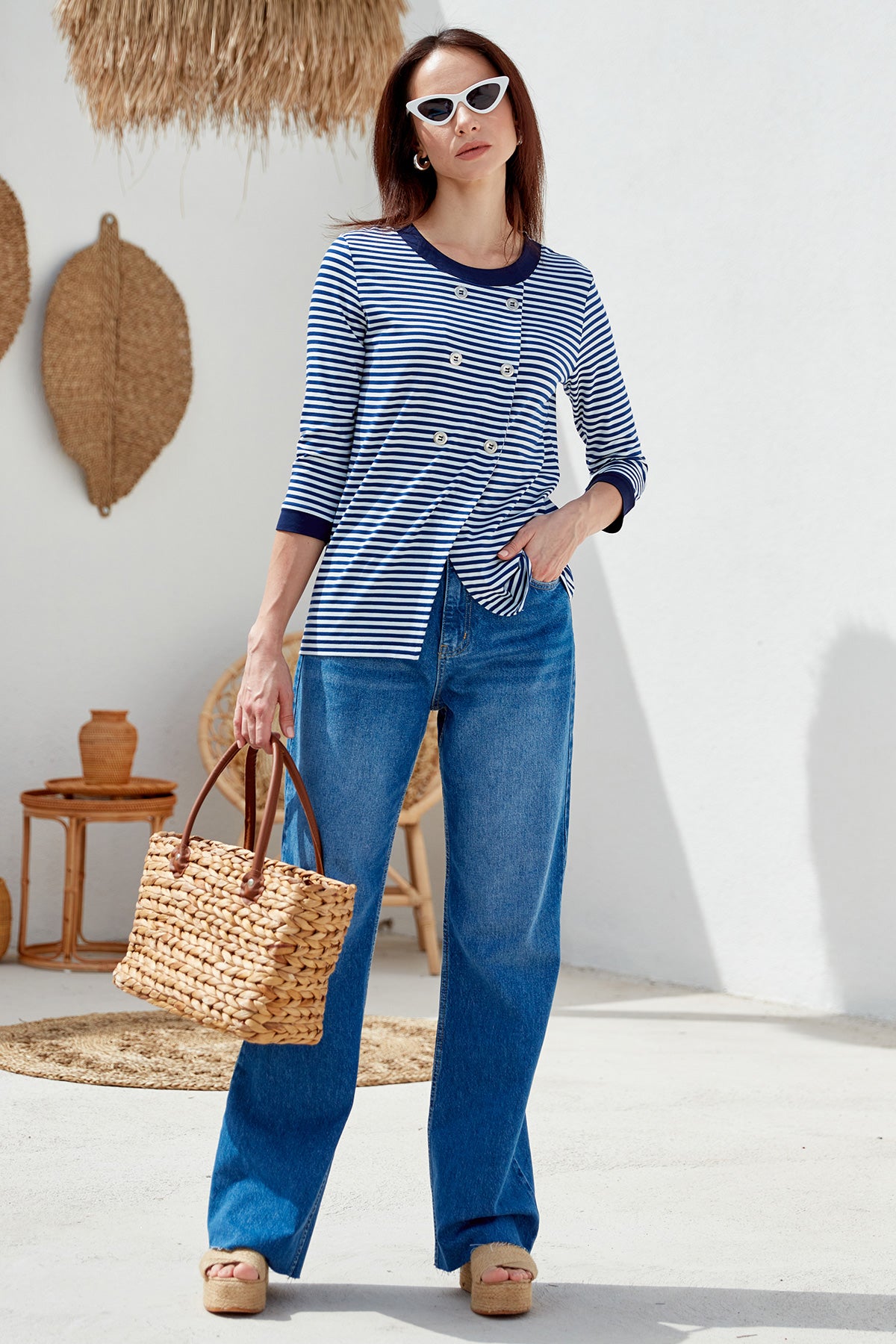 Çizgili Uzun Kol Düğme Detaylı Tişört - Lacivert (2) Sementa