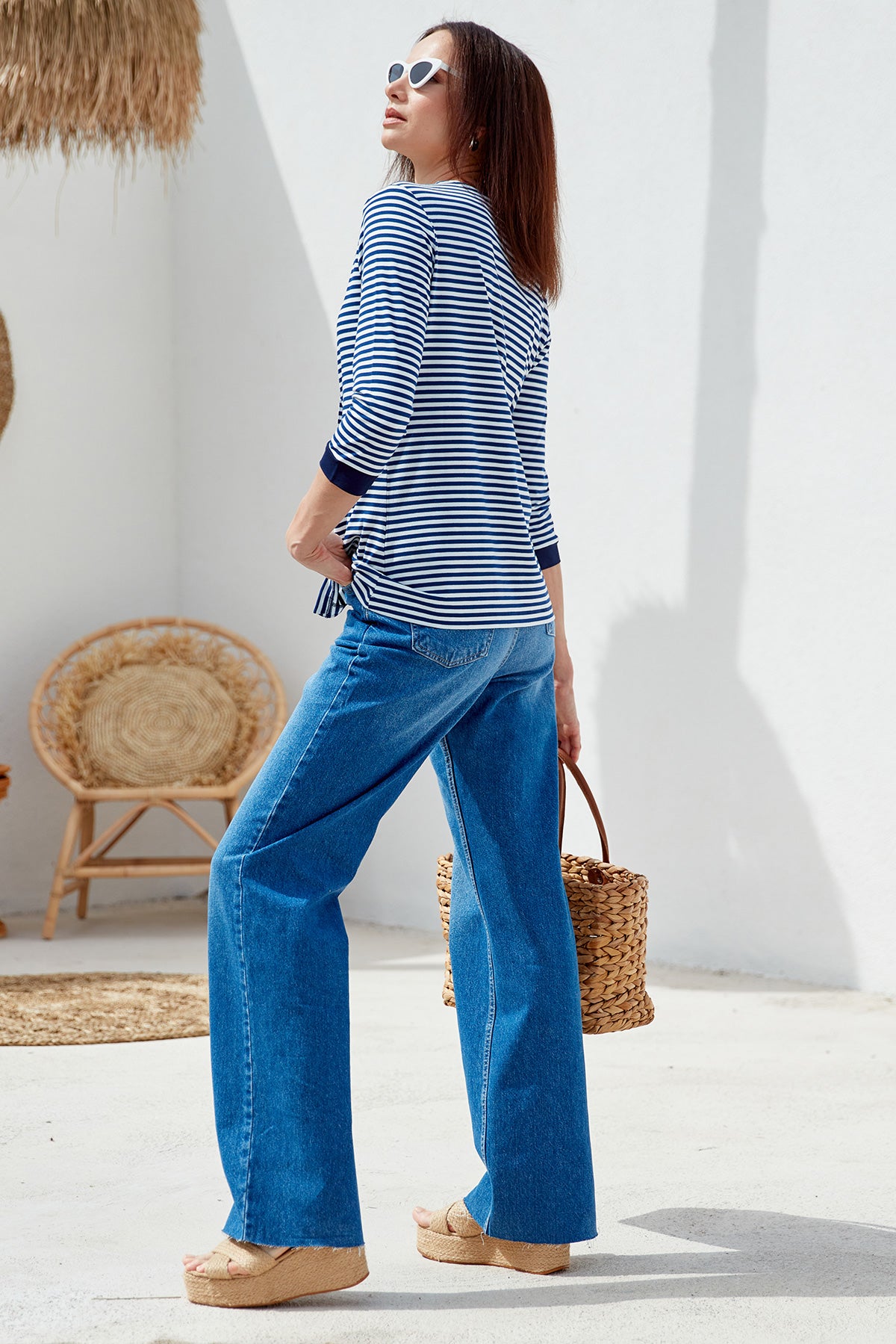 Çizgili Uzun Kol Düğme Detaylı Tişört - Lacivert (4) Sementa