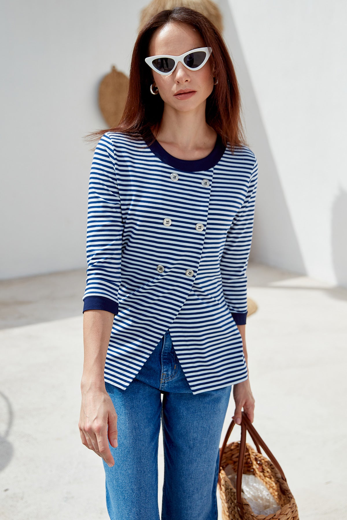 Çizgili Uzun Kol Düğme Detaylı Tişört - Lacivert (3) Sementa