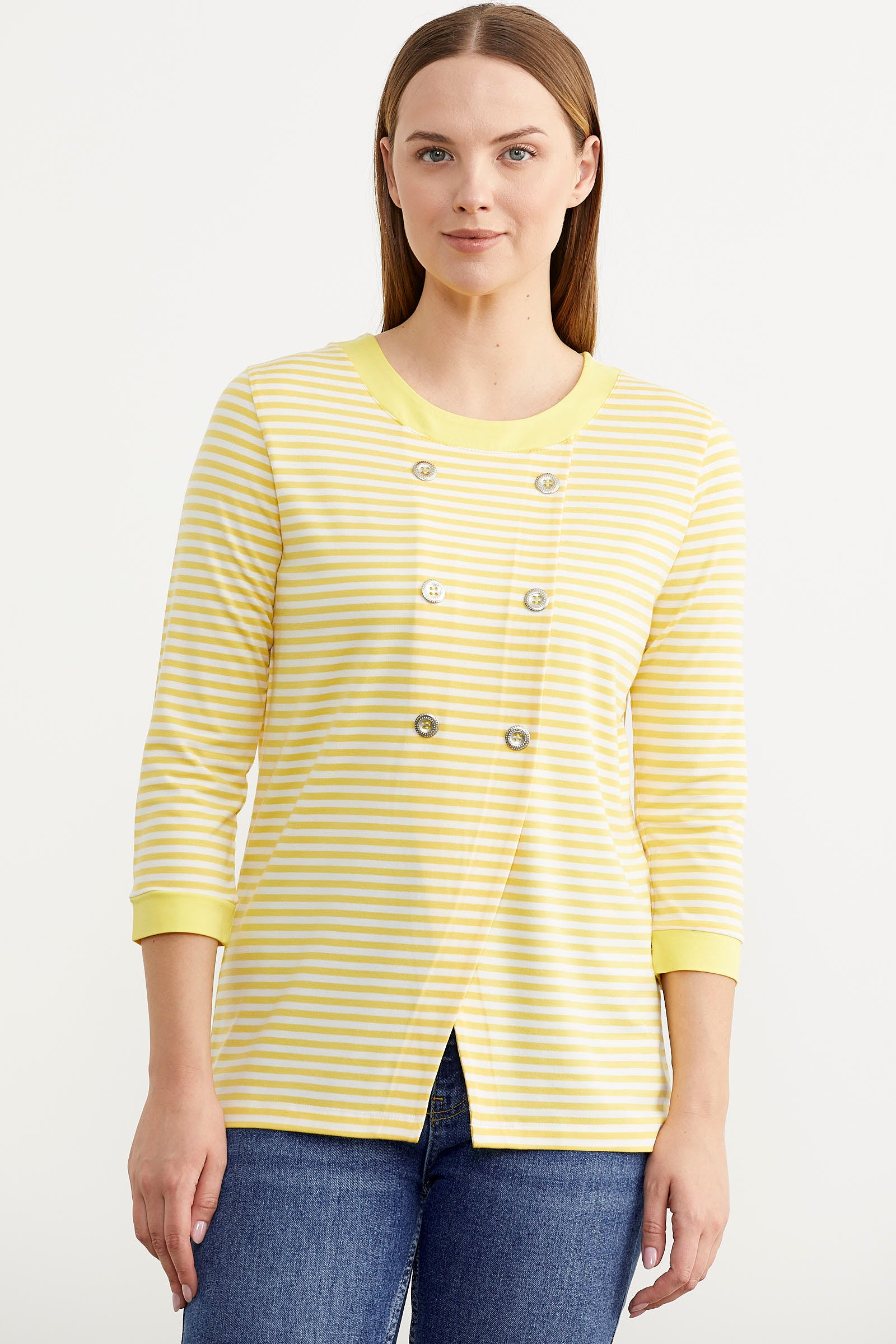 Çizgili Uzun Kol Düğme Detaylı Tişört - Sarı (1) Sementa