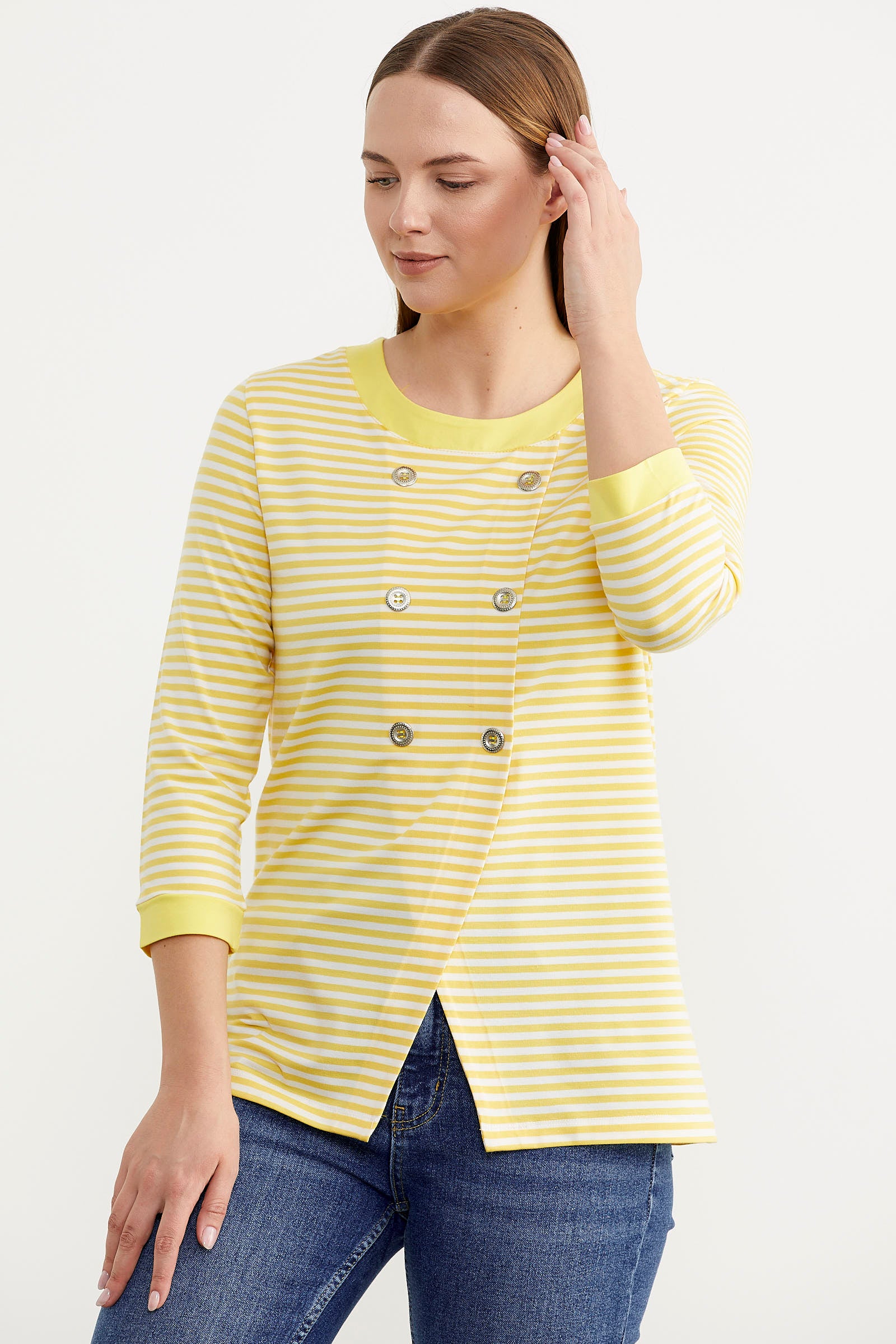 Çizgili Uzun Kol Düğme Detaylı Tişört - Sarı (2) Sementa